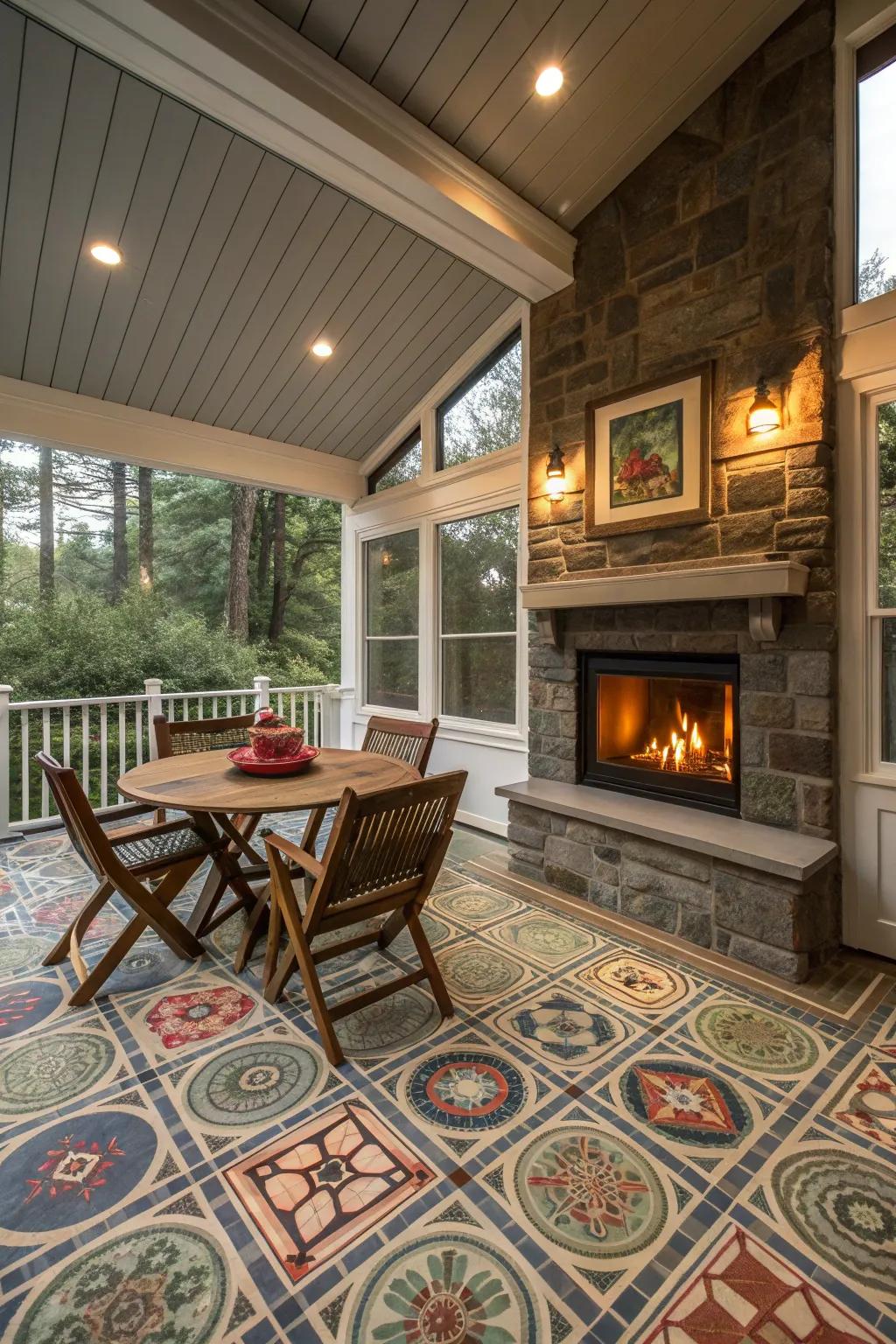 Patterned tile flooring adds character to this screened porch.