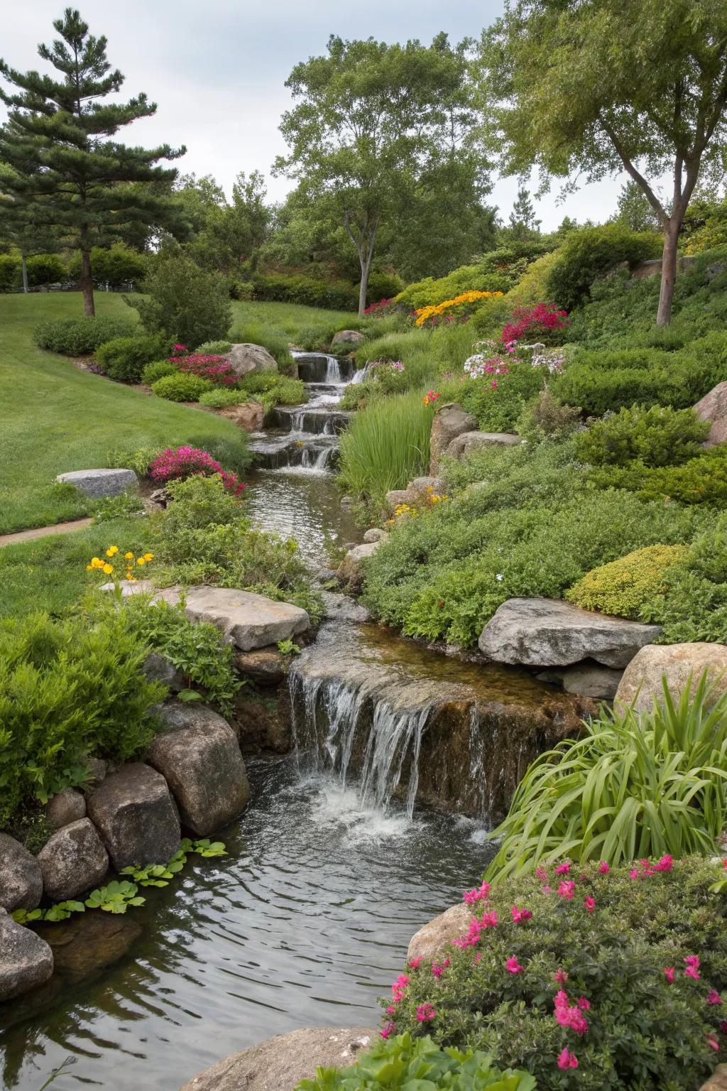 A tranquil garden enhanced by a soothing waterfall.