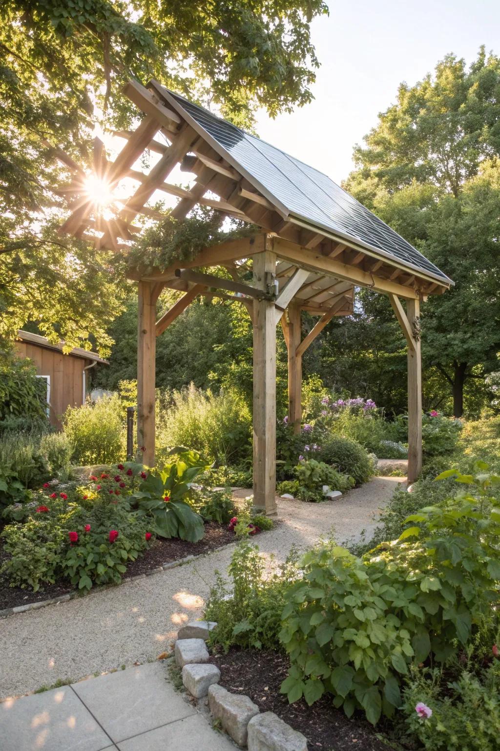 A solar-powered arbor combines sustainability with garden functionality.