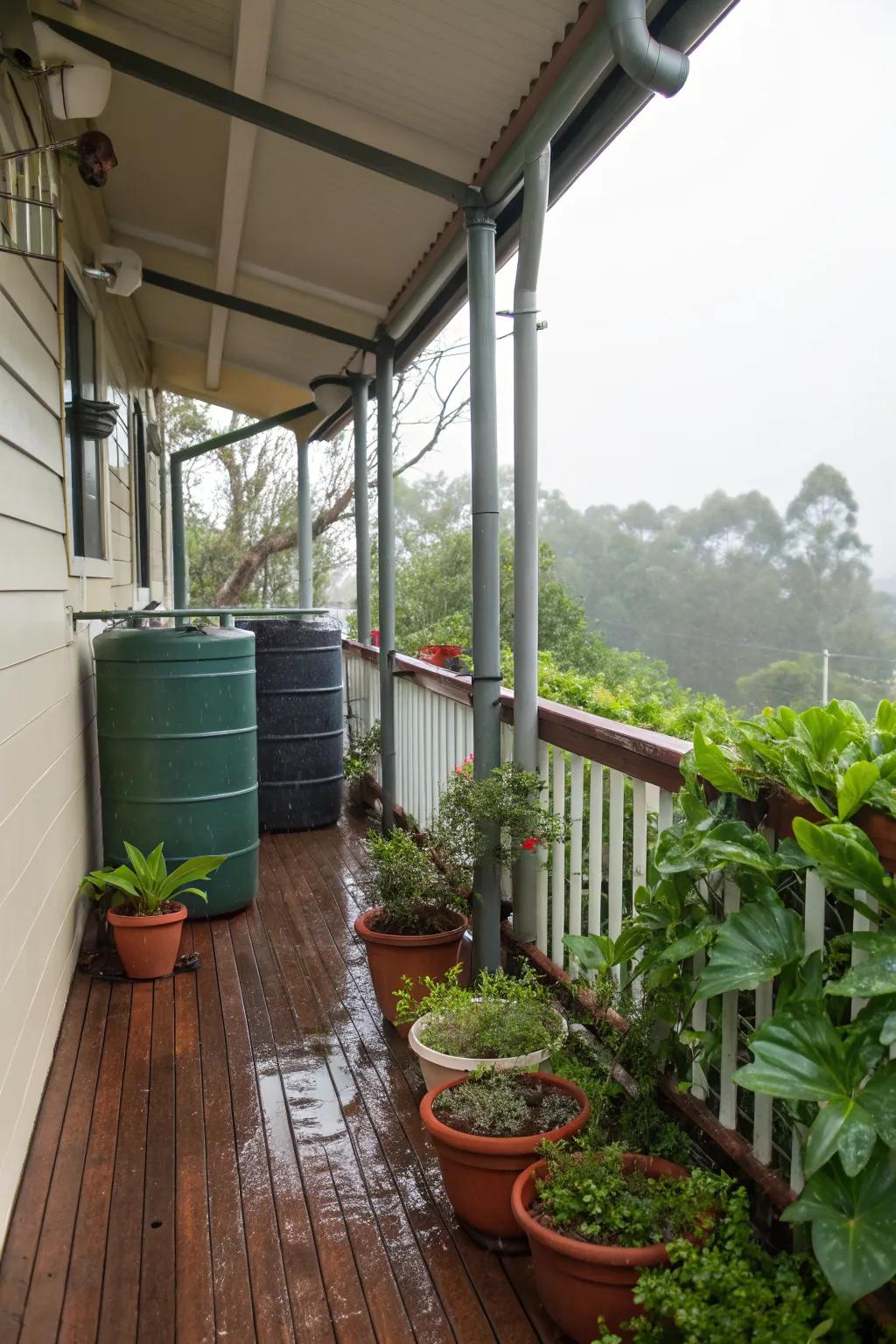A rainwater collection system on the porch supports sustainable gardening.