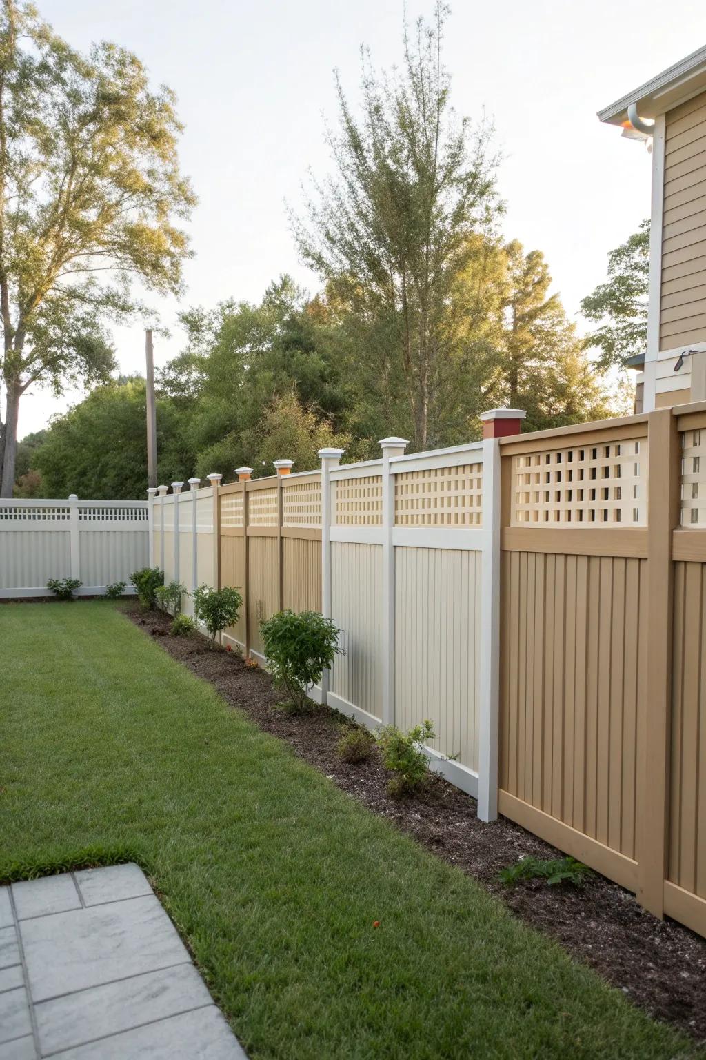 A backyard showcasing a fence with a unique combination of slat styles.