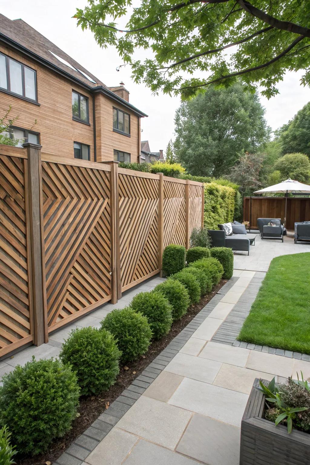 A dynamic modern fence with a zigzag slat pattern.