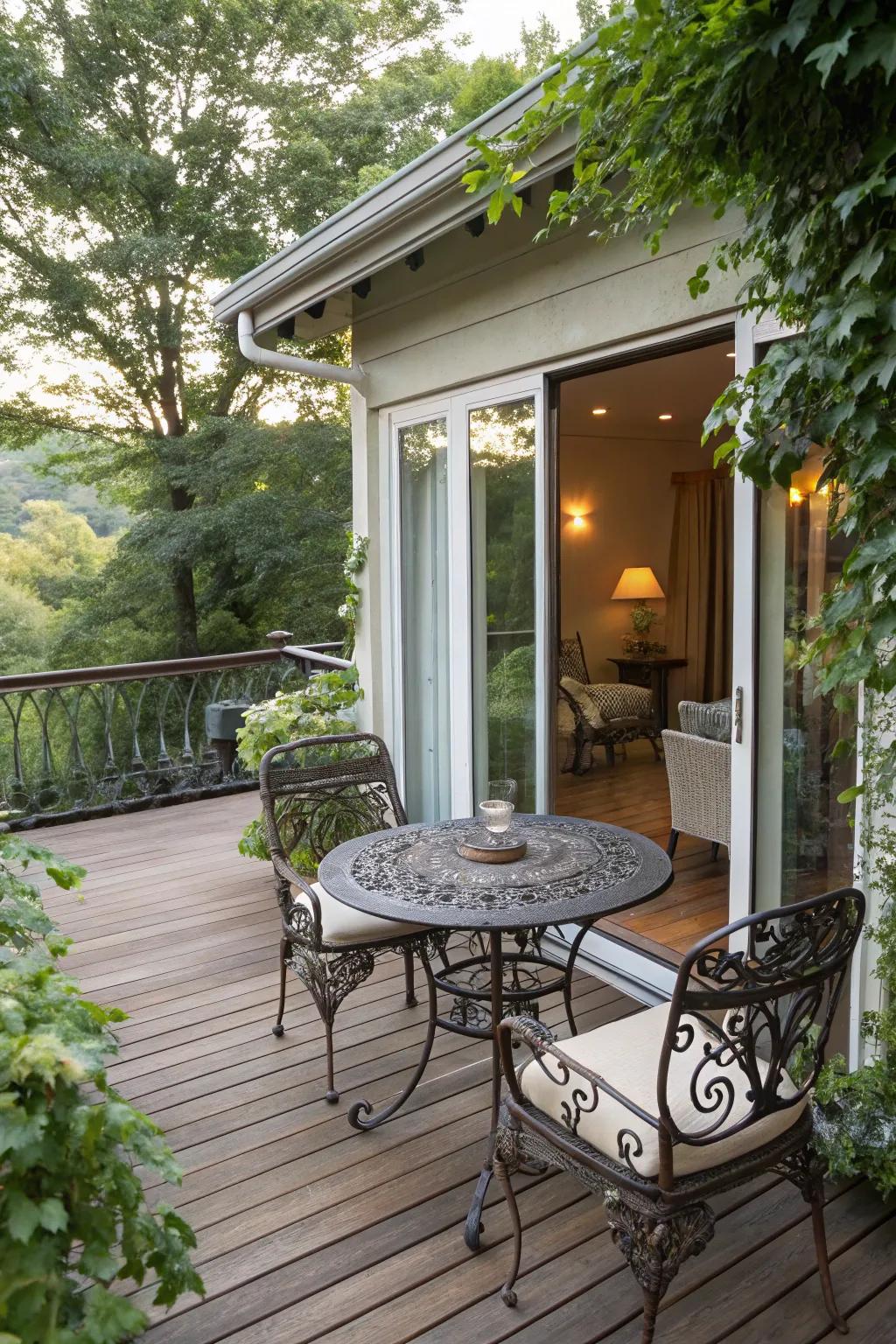Vintage wrought iron furniture adds character to a charming deck.