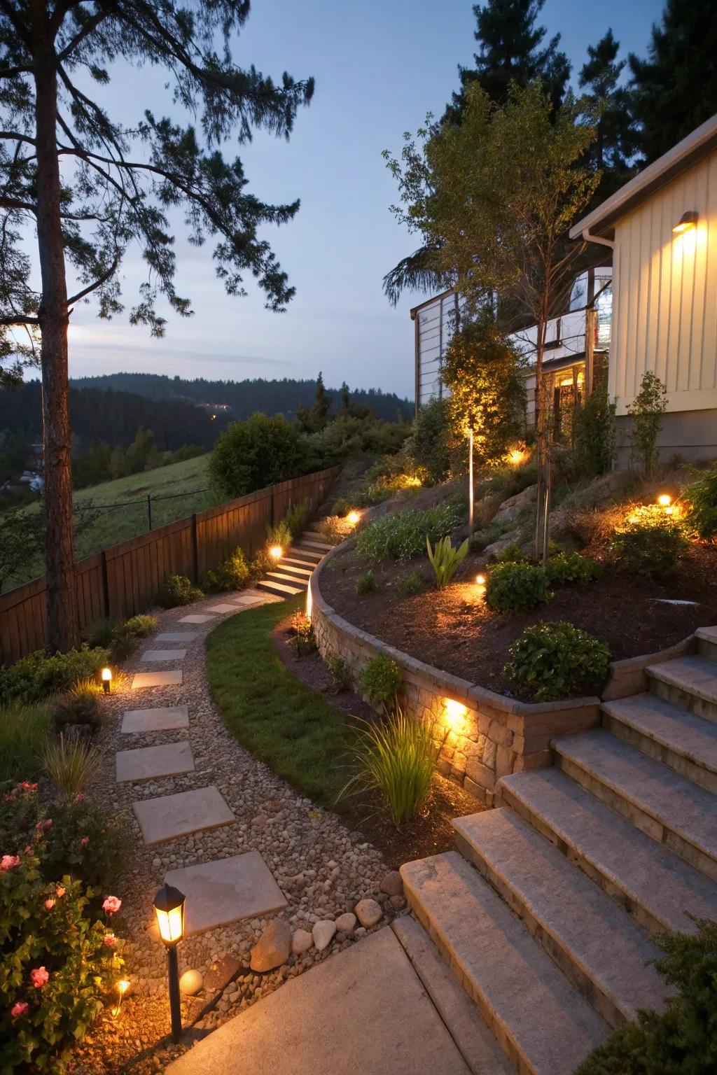 Outdoor lighting enhances safety and ambiance in a sloped backyard.