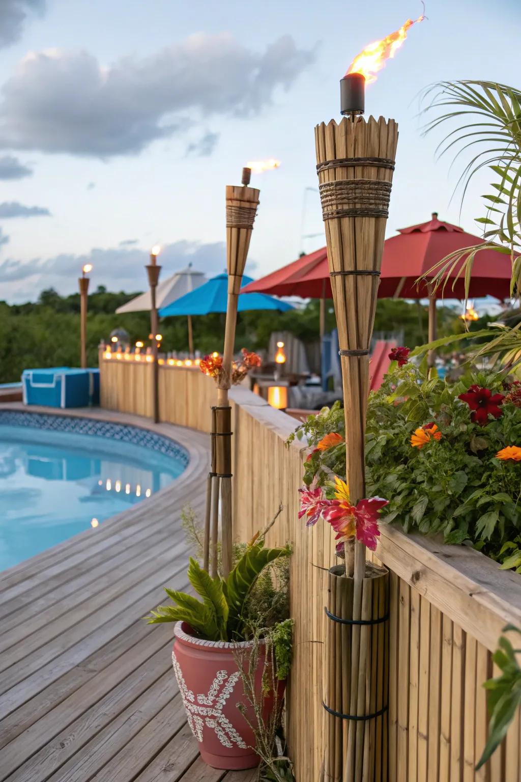 Themed decor transforms pool decks into personalized retreats.