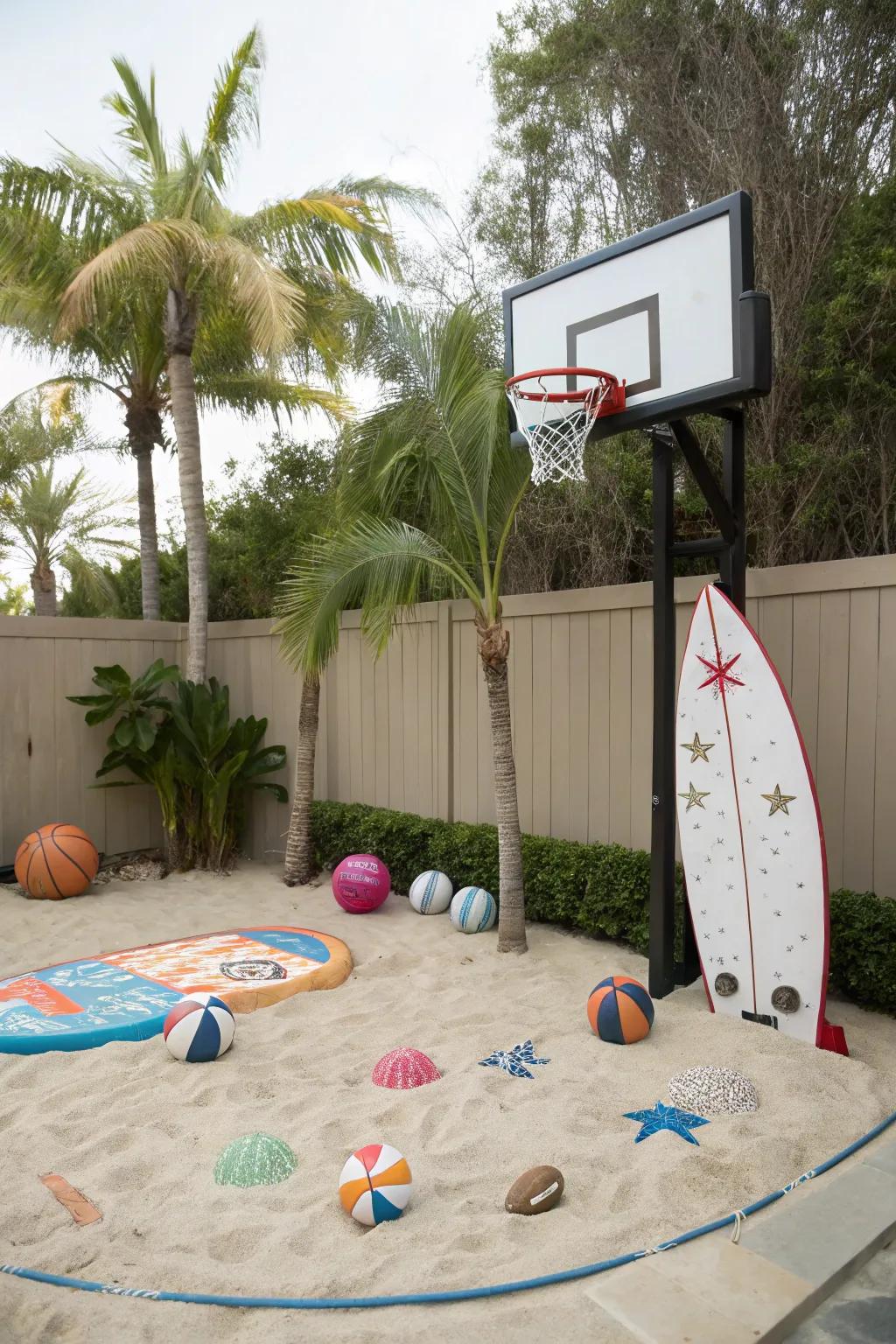 A themed basketball court with beach vibes