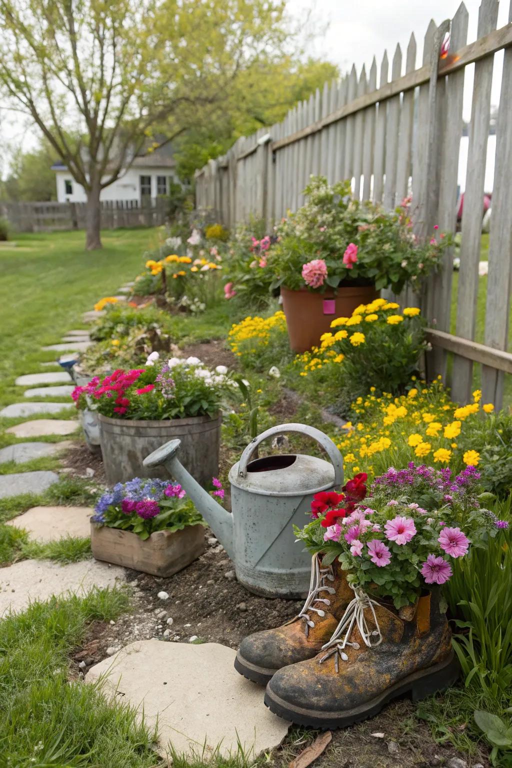 Unusual containers add quirky charm to the garden.