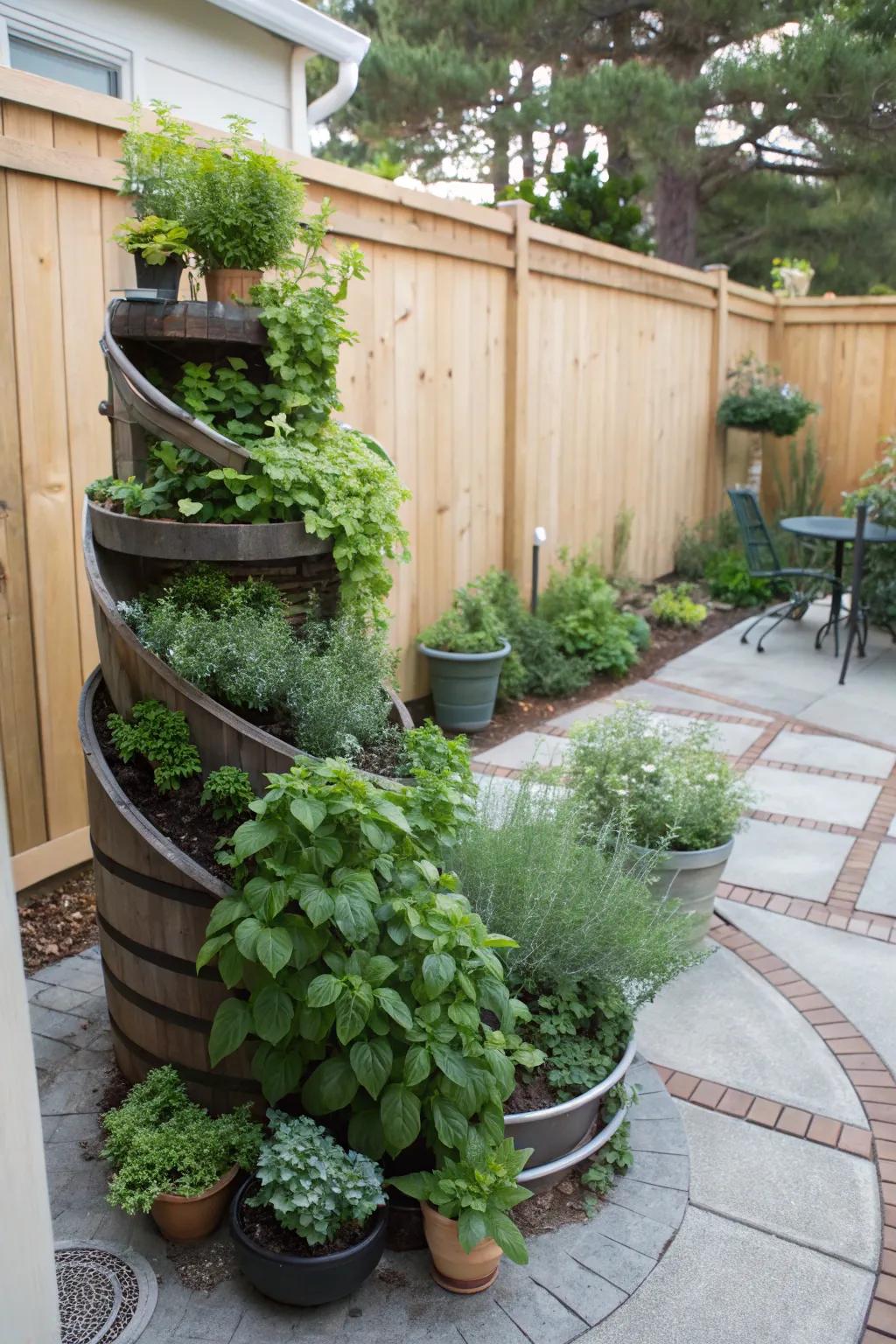 A vertical herb spiral is a creative and efficient use of space.