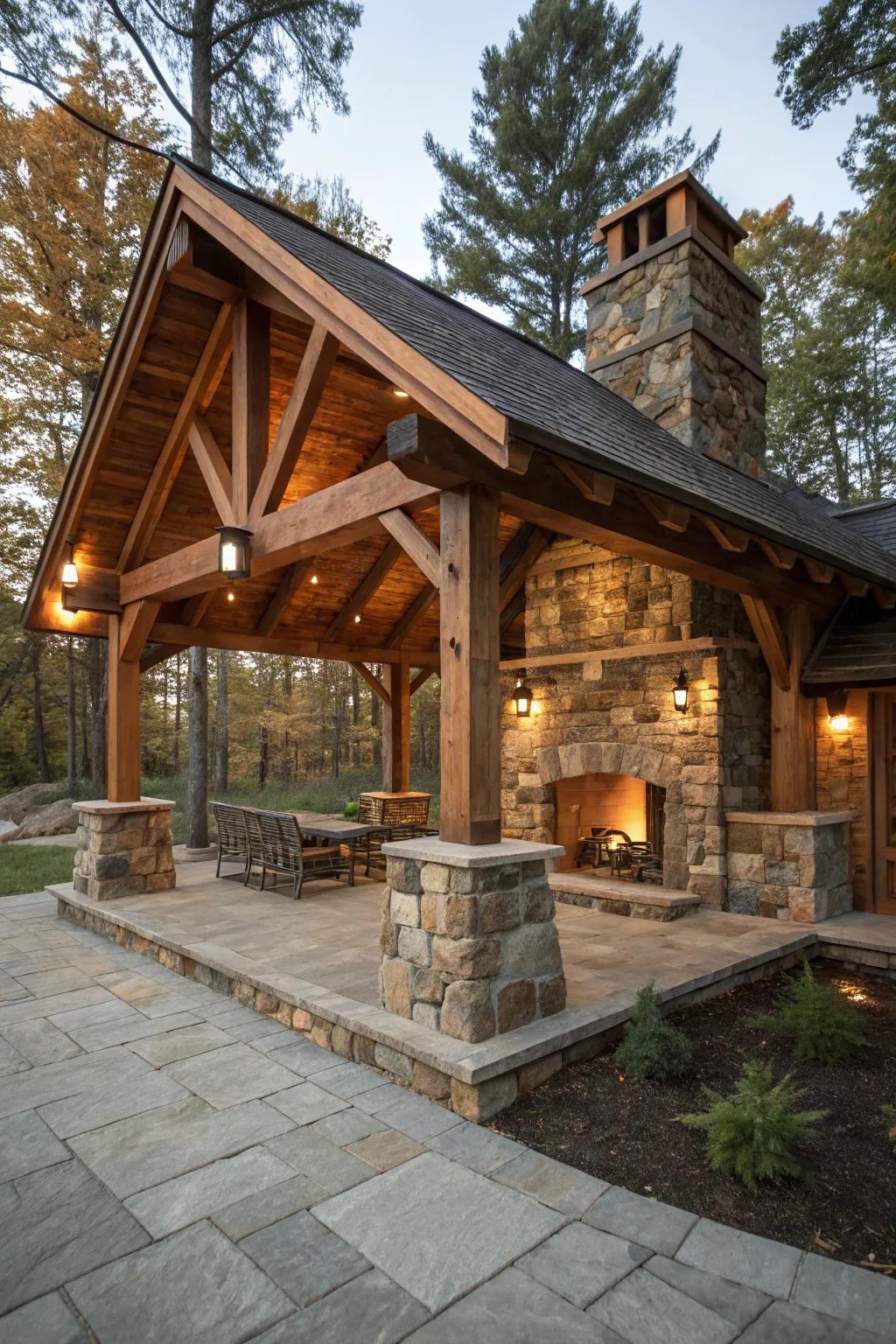 A cabin-style pavilion offering warmth and a rustic feel.