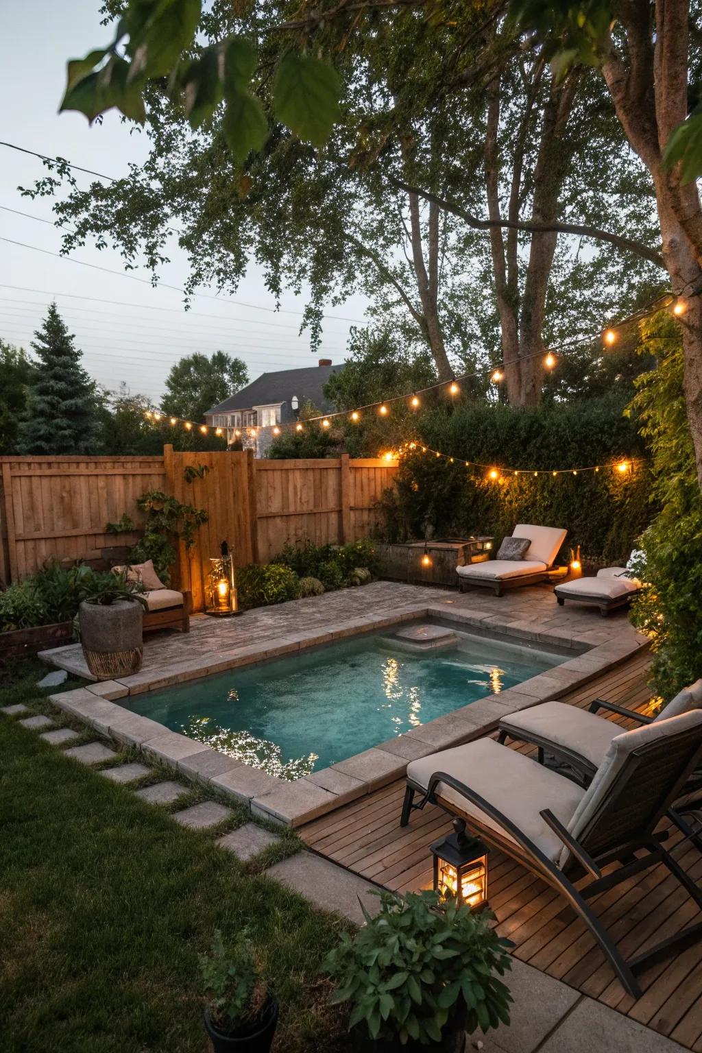 Warm and inviting with ambient pool lighting.