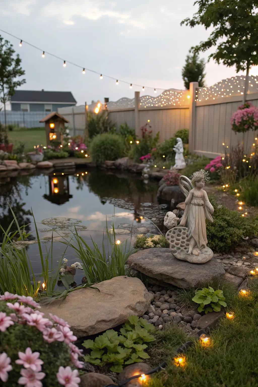 A whimsical backyard pond surrounded by fairy garden elements.