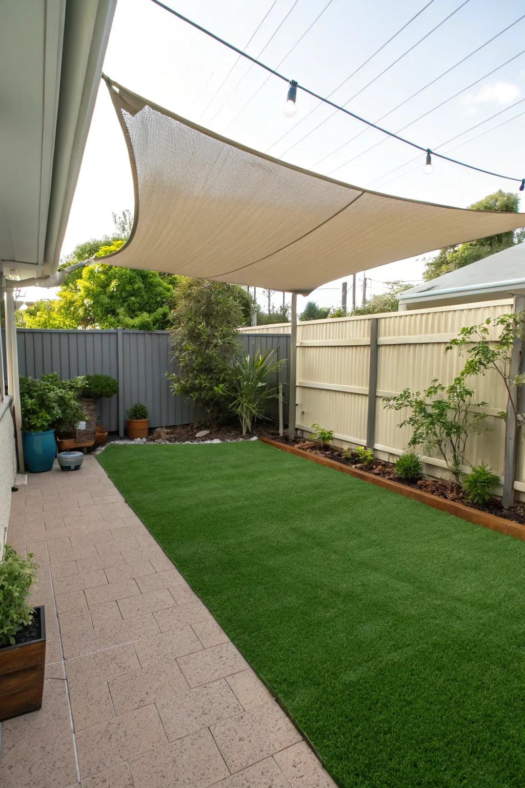 A shade sail provides comfort and protection on turf.
