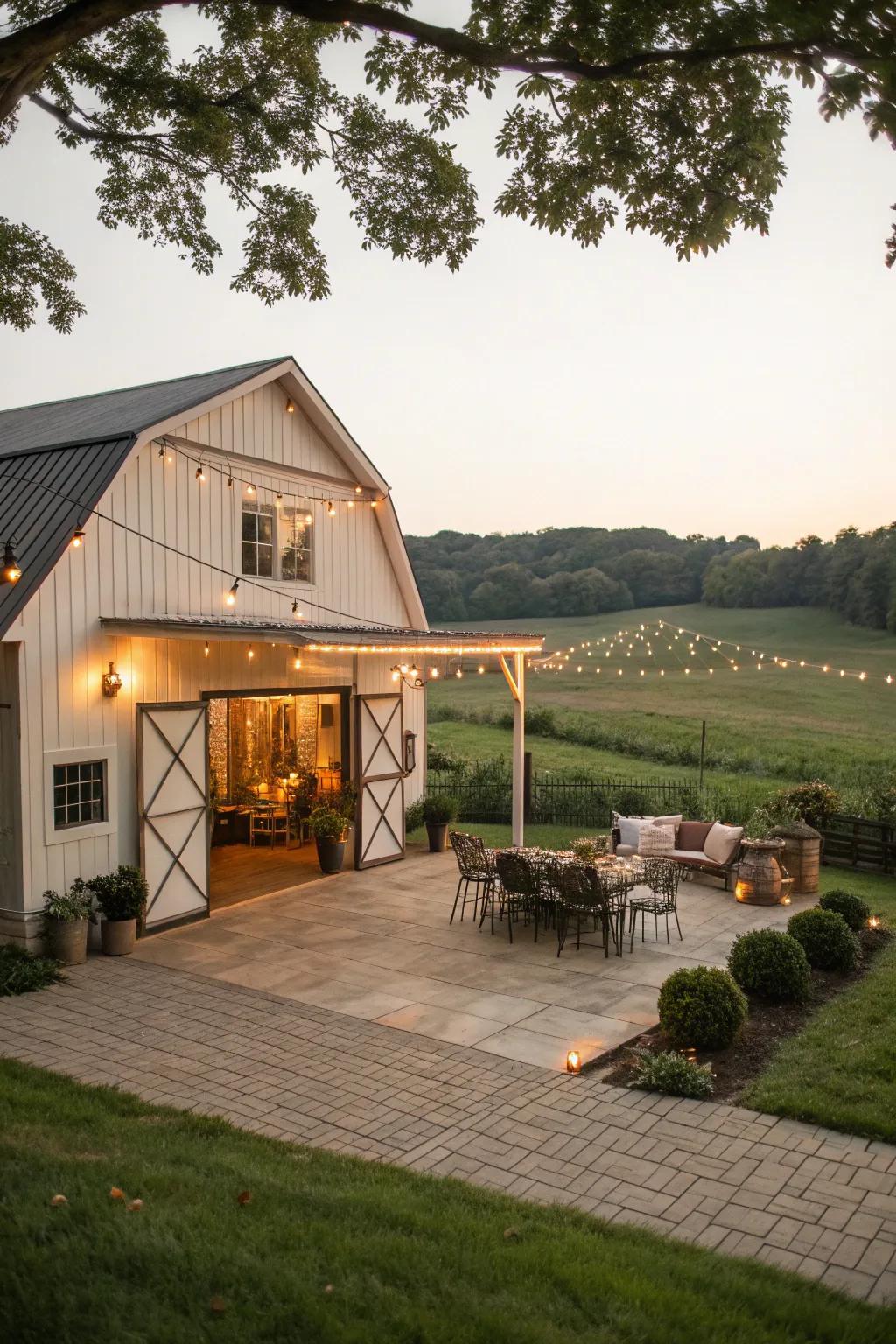 A charming patio next to the barn offers a perfect relaxation spot.