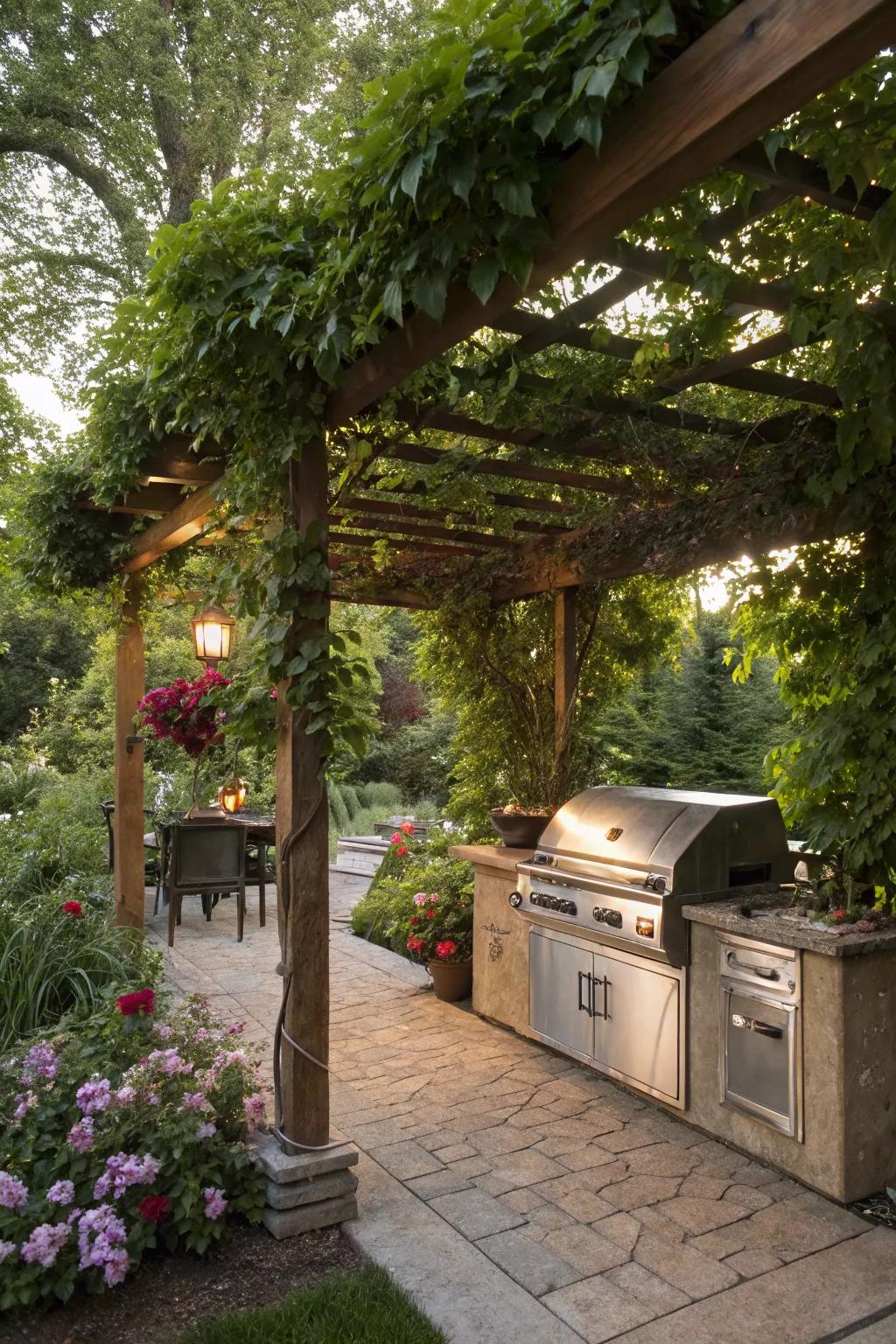 Vines add a whimsical touch to your pergola-covered grill area.