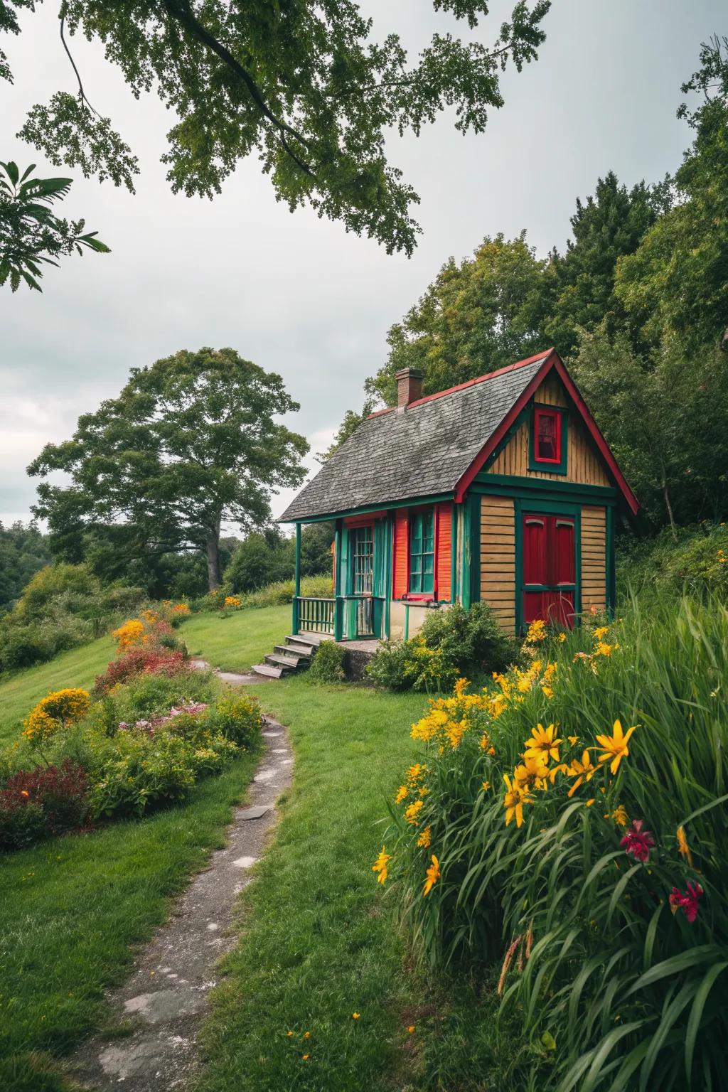A vibrant cabin exterior with bold colors that stand out beautifully.