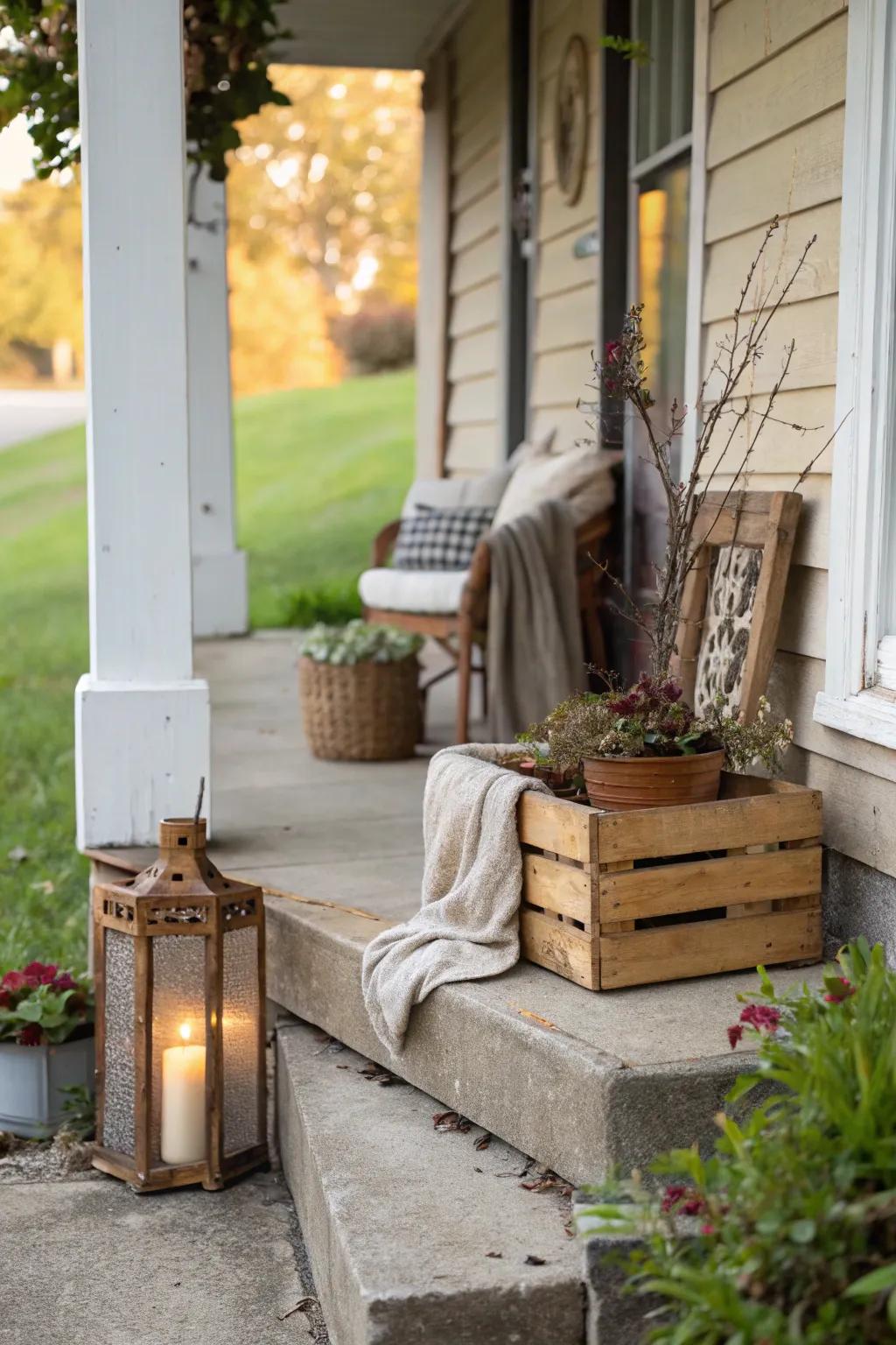 A small concrete porch with rustic decor elements.