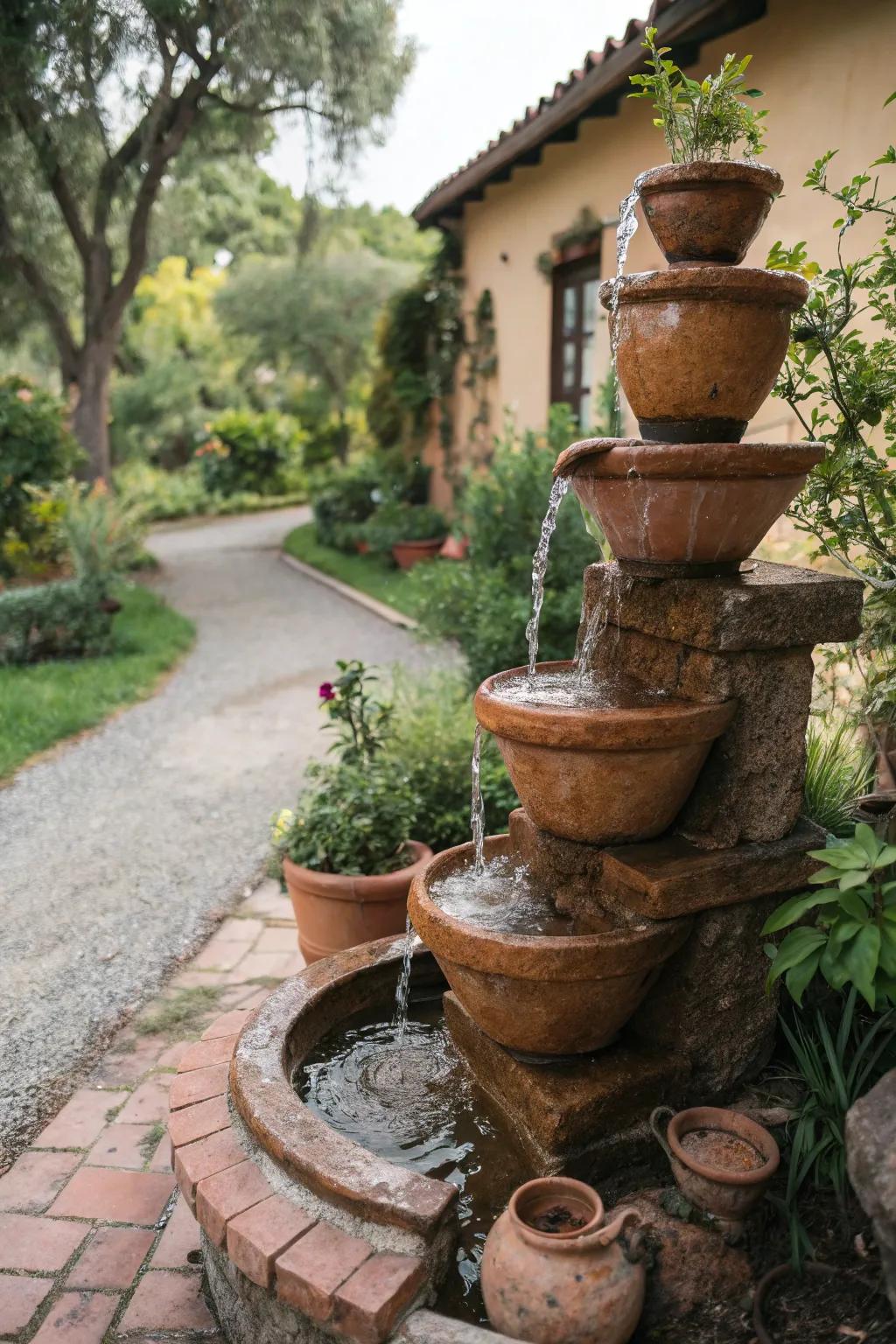 Cascading pots offer a unique and playful water feature.
