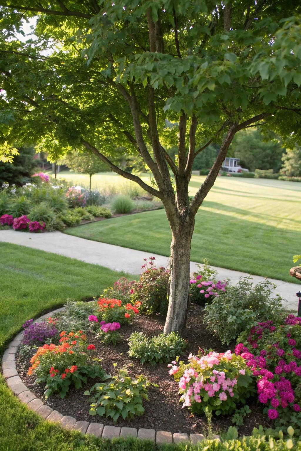 A tree adds natural shade and beauty to a garden corner.