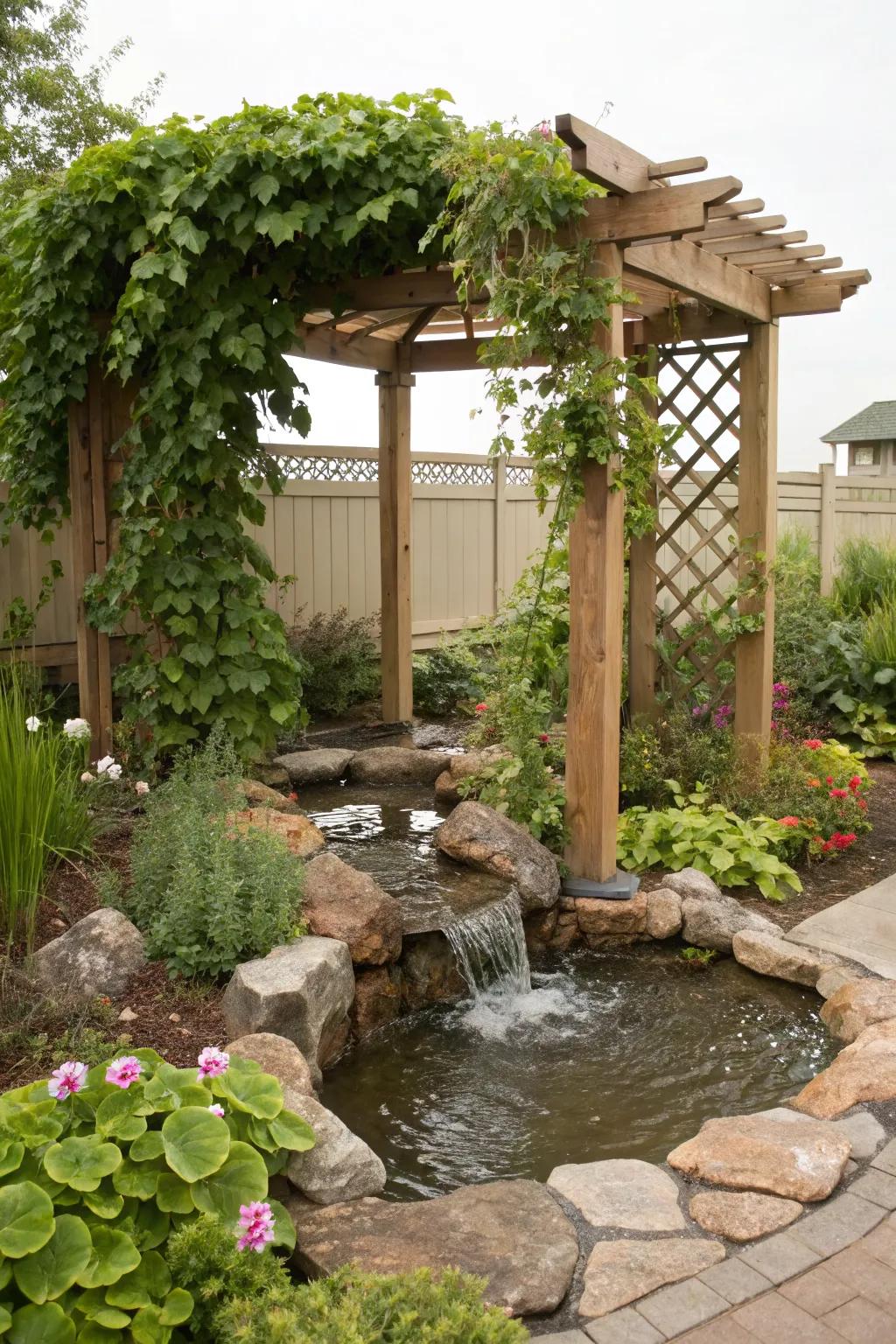 A water feature adds tranquility and charm to a pergola setting.
