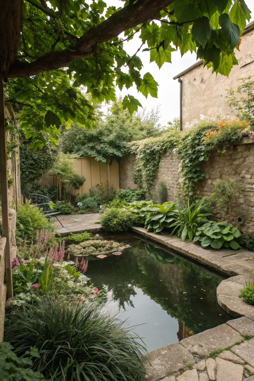 A small pond introduces nature and tranquility to a courtyard.