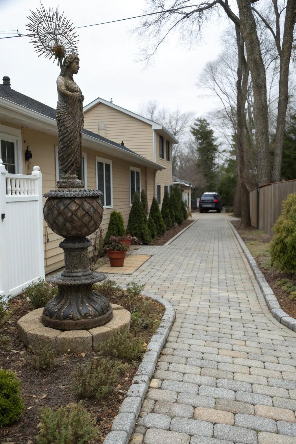 Art pieces add personality and focus to driveways.
