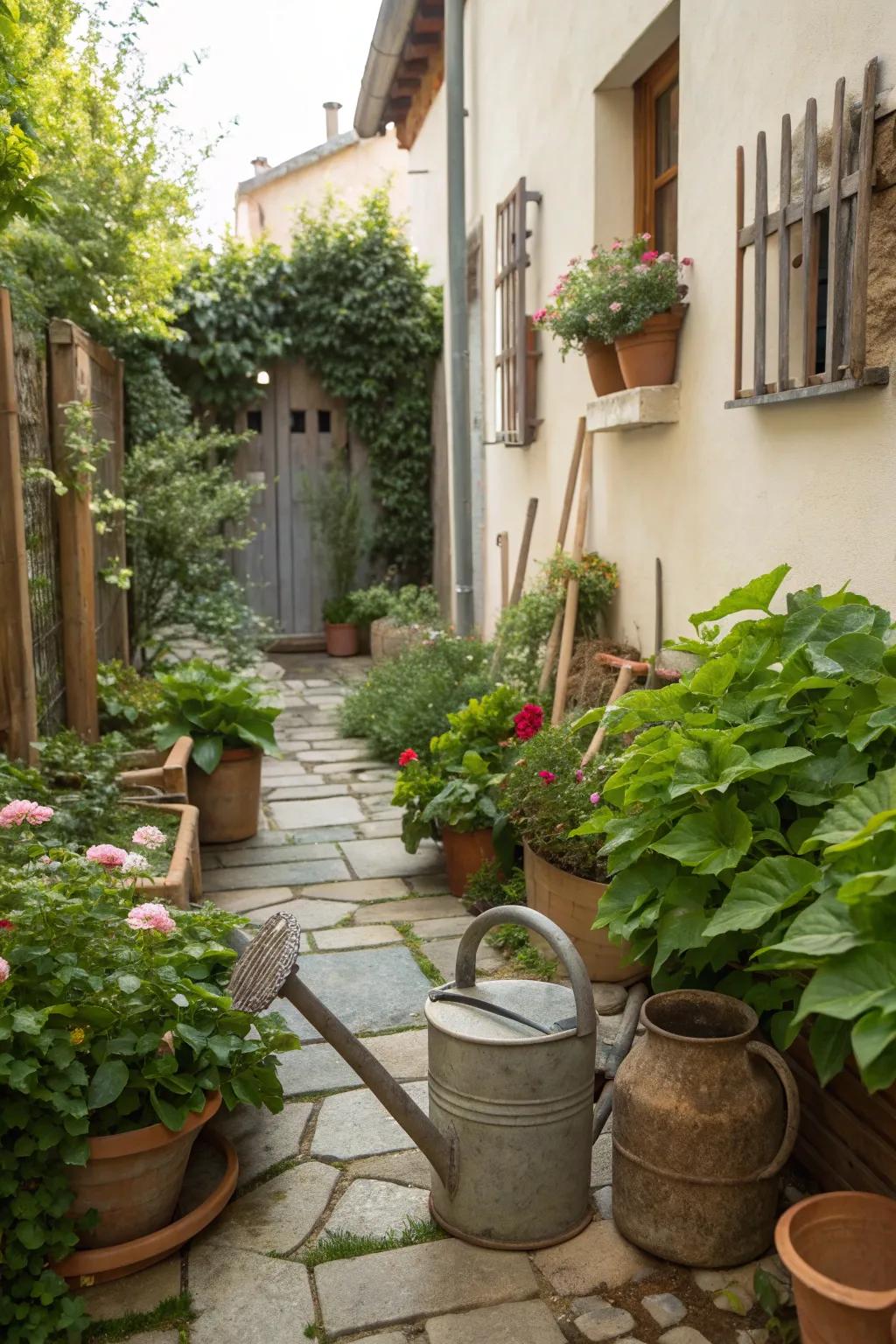 Charming rustic accessories in a quaint courtyard.