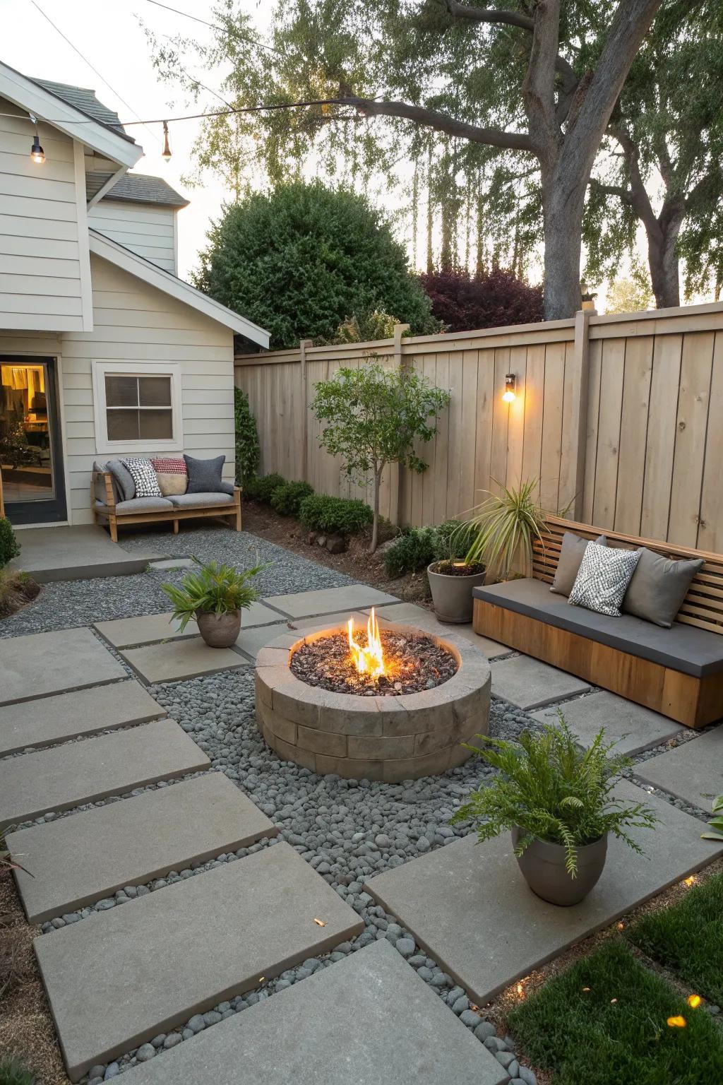 A fire pit creates warmth and invites gatherings.