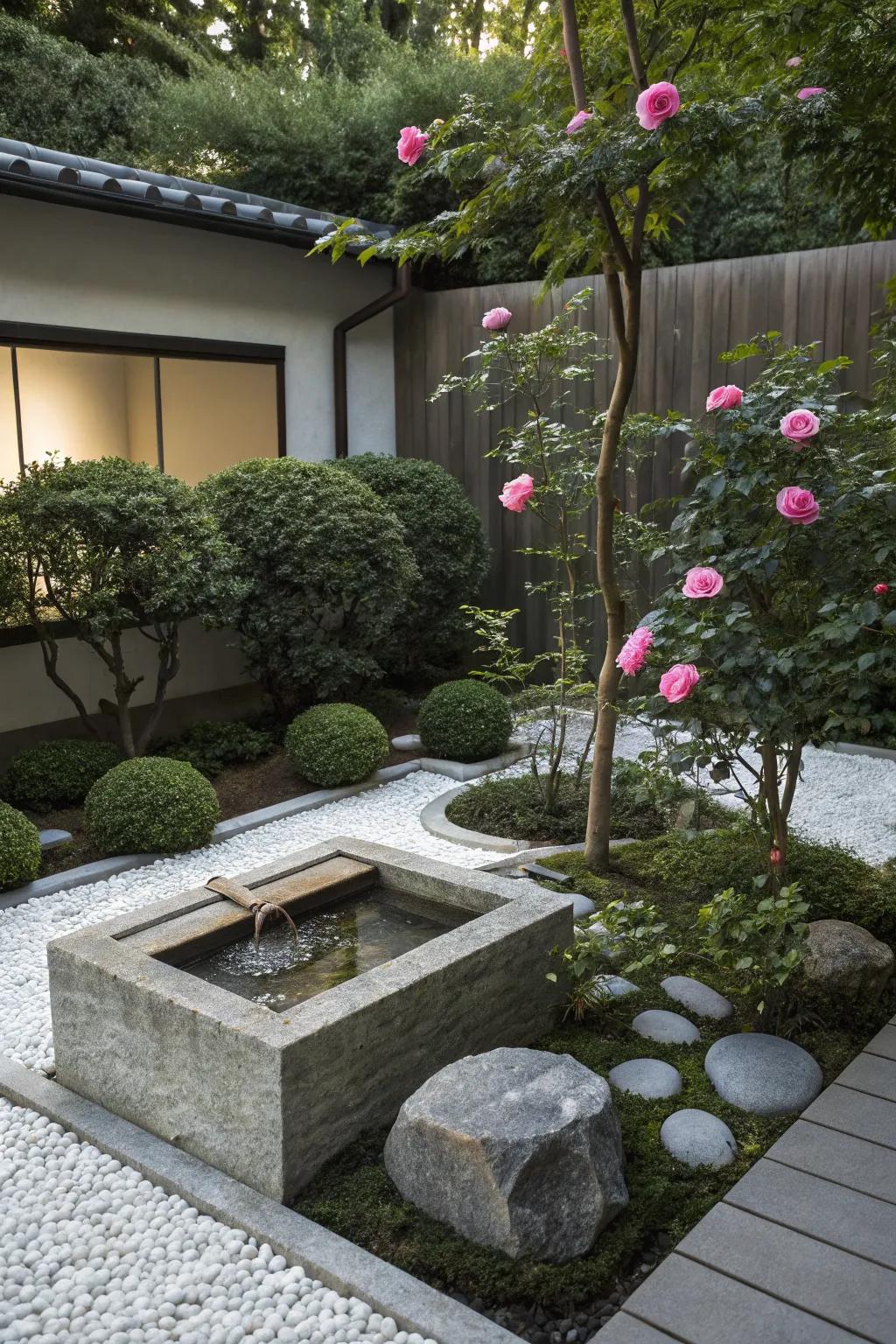 A small garden featuring Zen elements and minimalist rose plantings.
