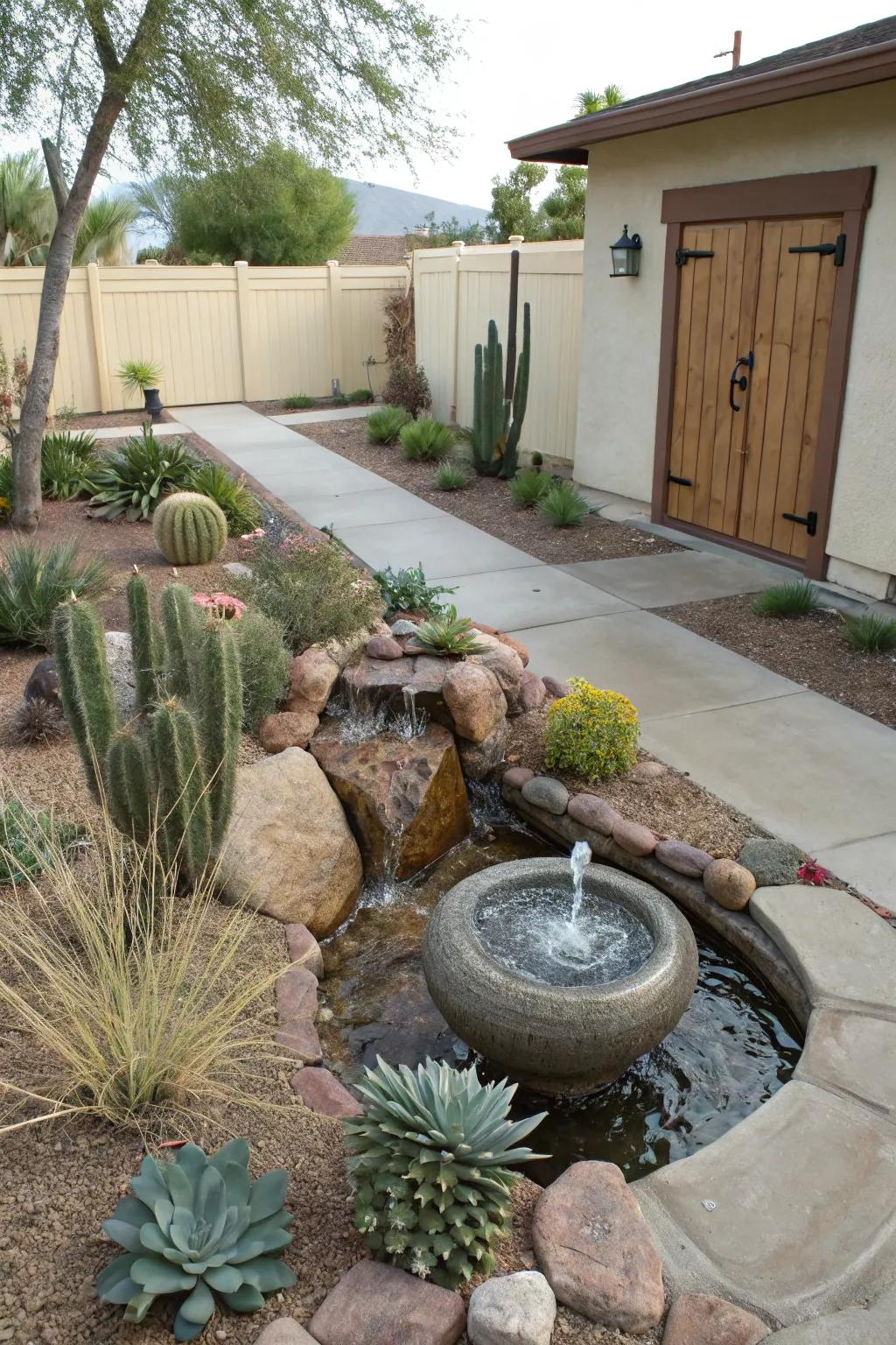 A water feature adds tranquility to a xeriscape.