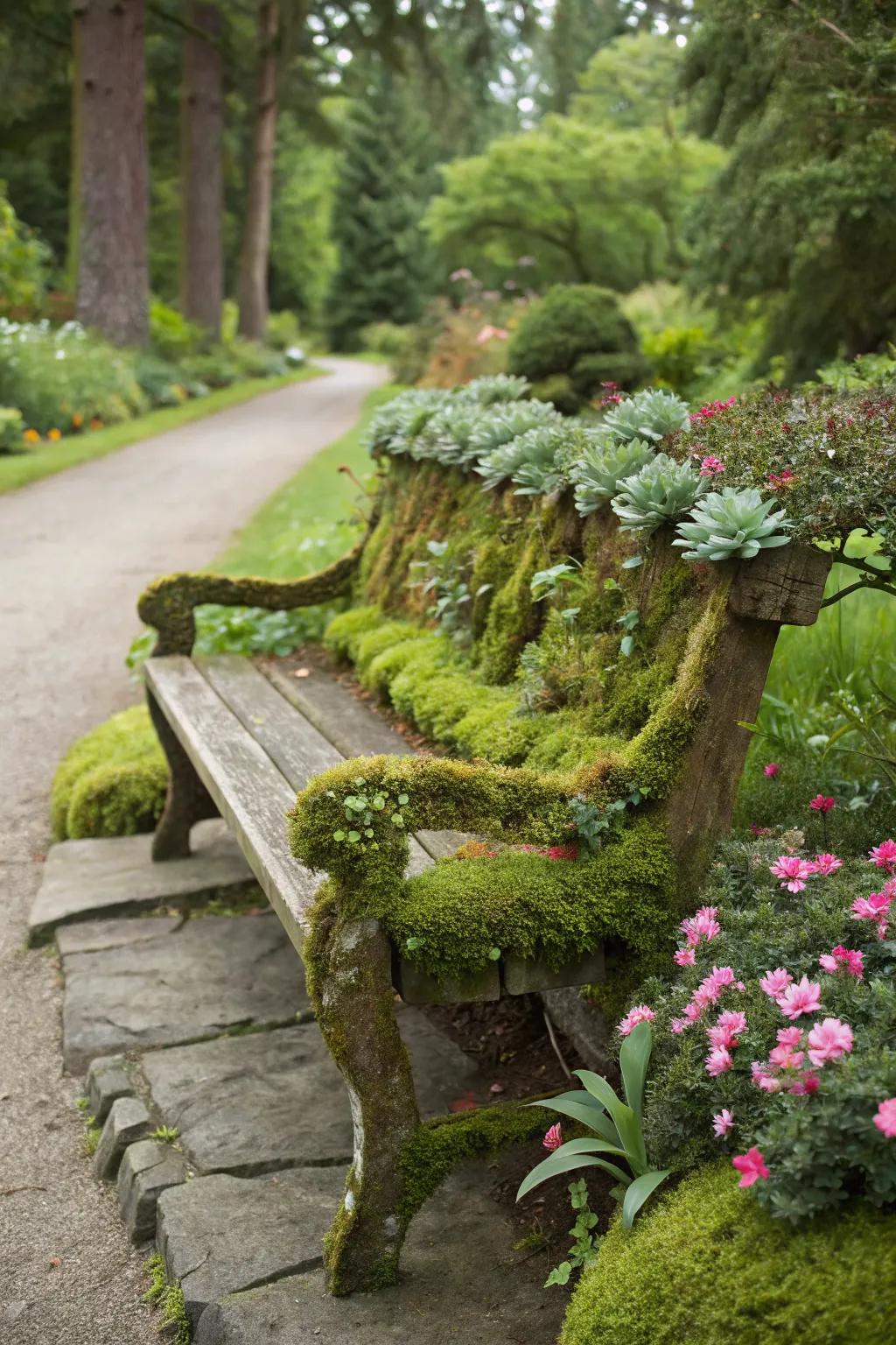 Living bench adorned with moss and succulents, merging with nature.