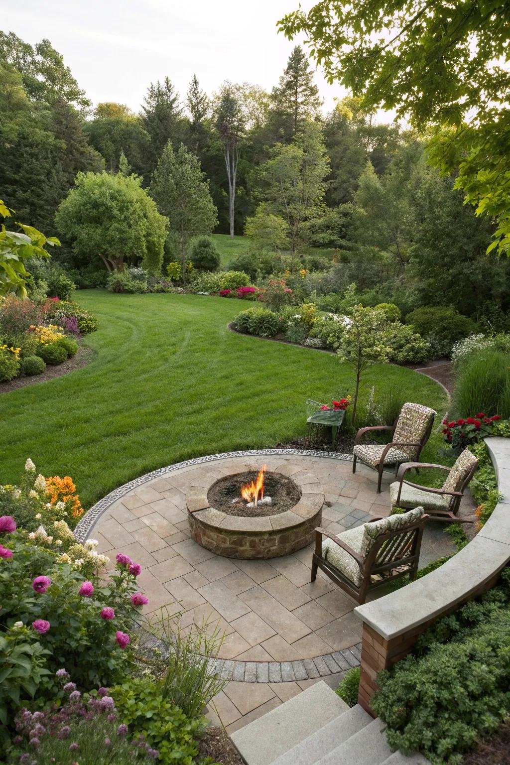 A fire pit adds warmth and ambiance near the circular lawn.