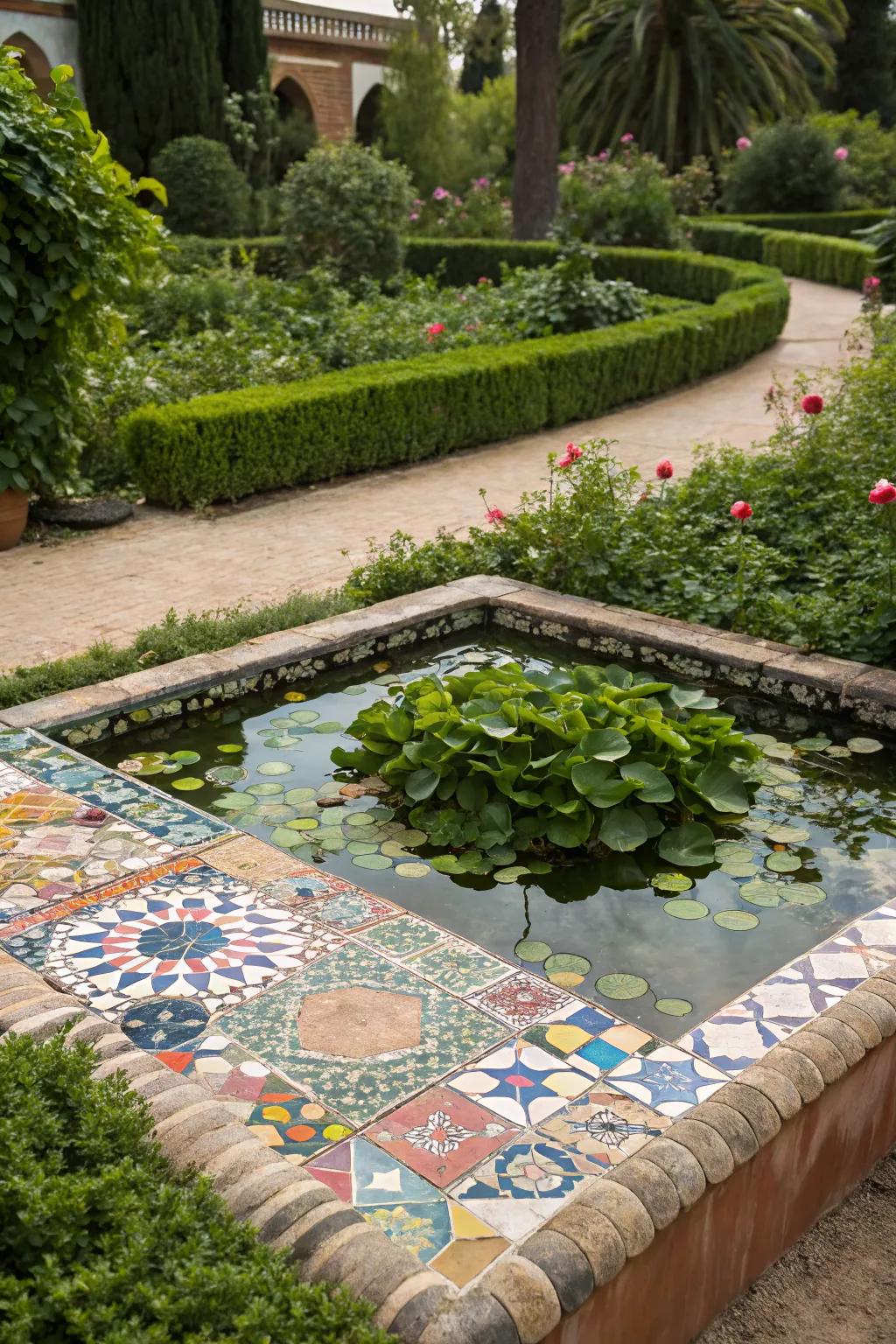 A mosaic tile pond adds color and flair.