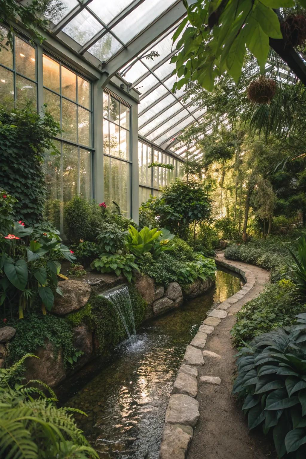 A peaceful greenhouse with an integrated water feature for added ambiance.
