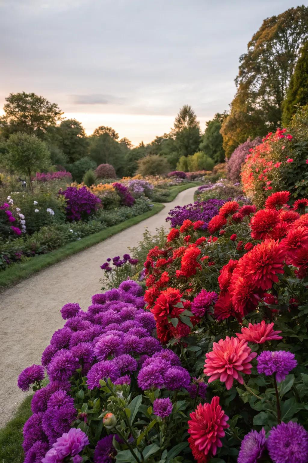Flowers in deep purples and bright reds add a surprising pop.