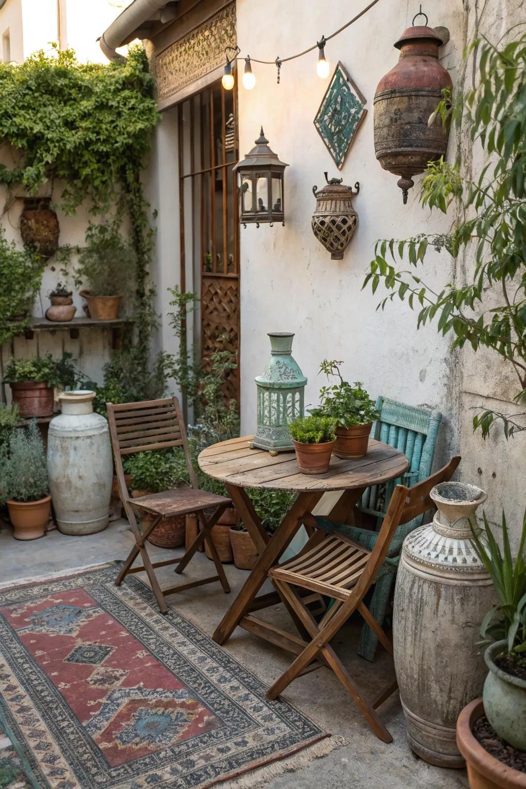 Weathered decor adding character to a small patio.