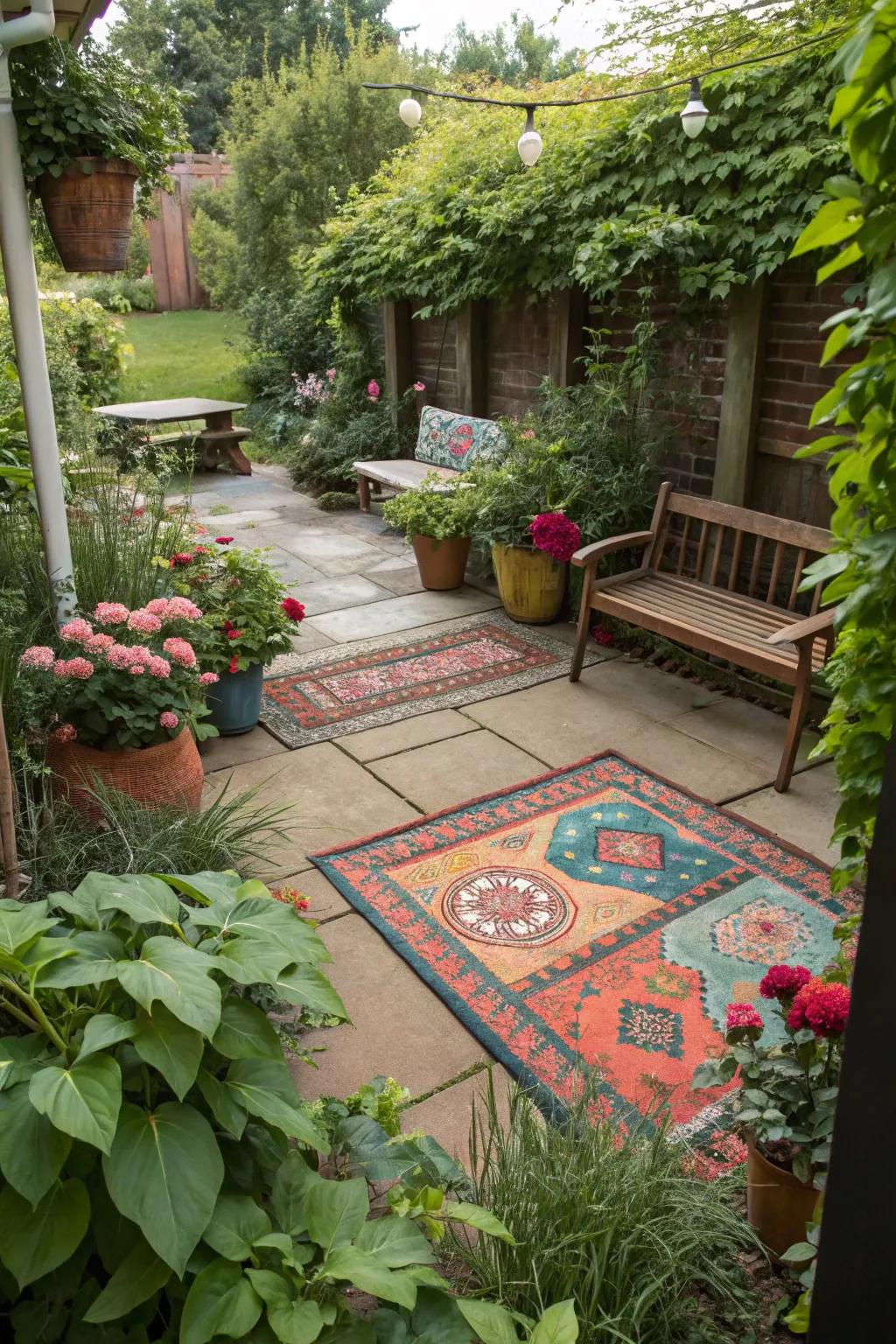 An outdoor rug adds color and defines space.