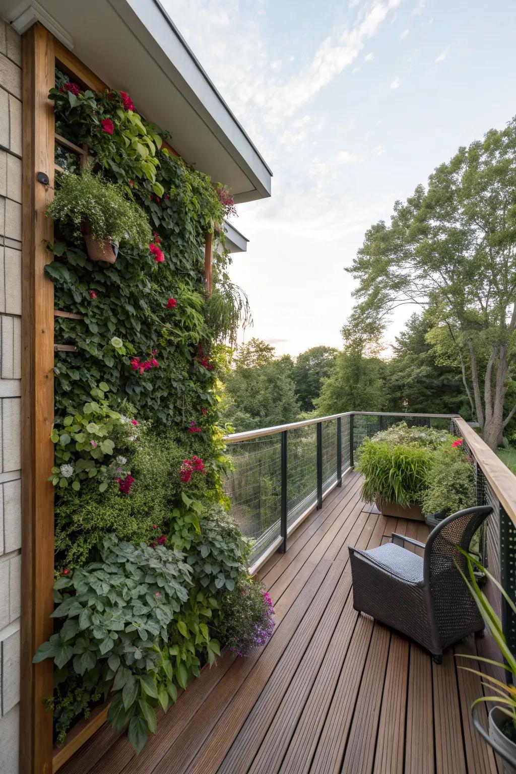 A vertical garden adding lush greenery to a small deck.