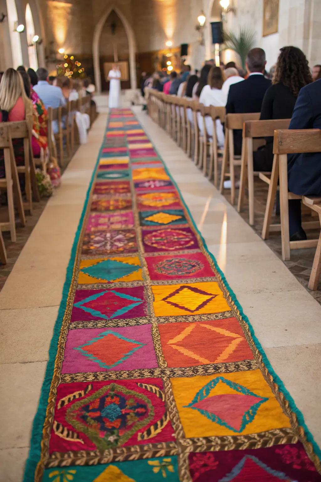 Vibrant and unique aisle with colorful rugs.