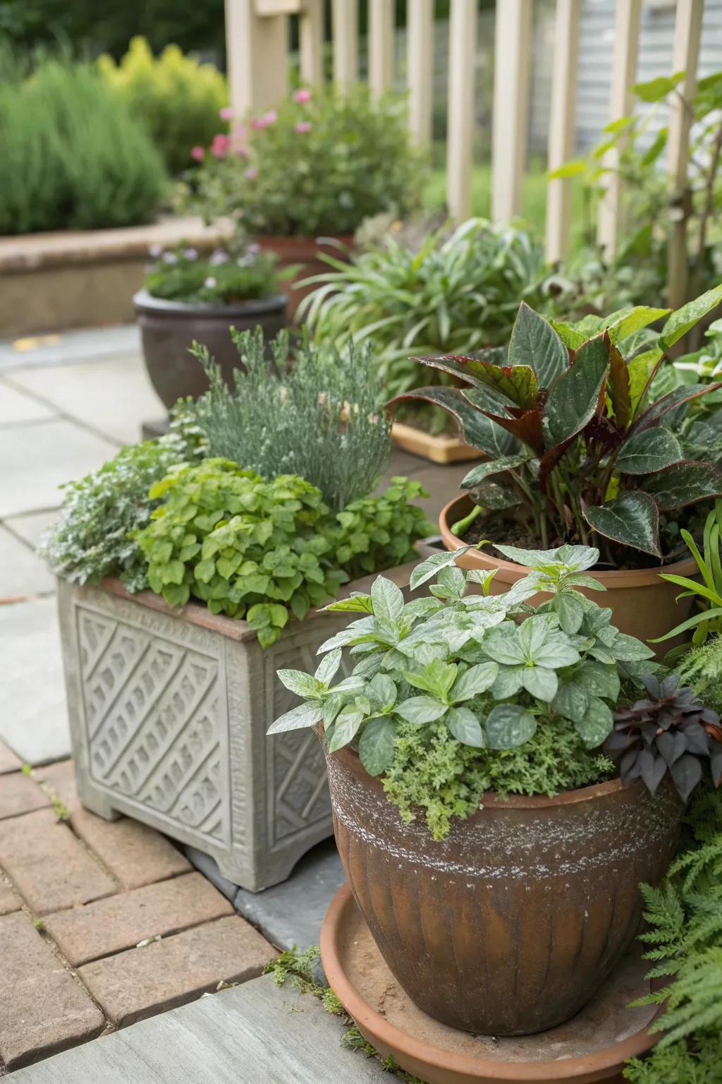 Textured plants create a visually engaging patio garden.