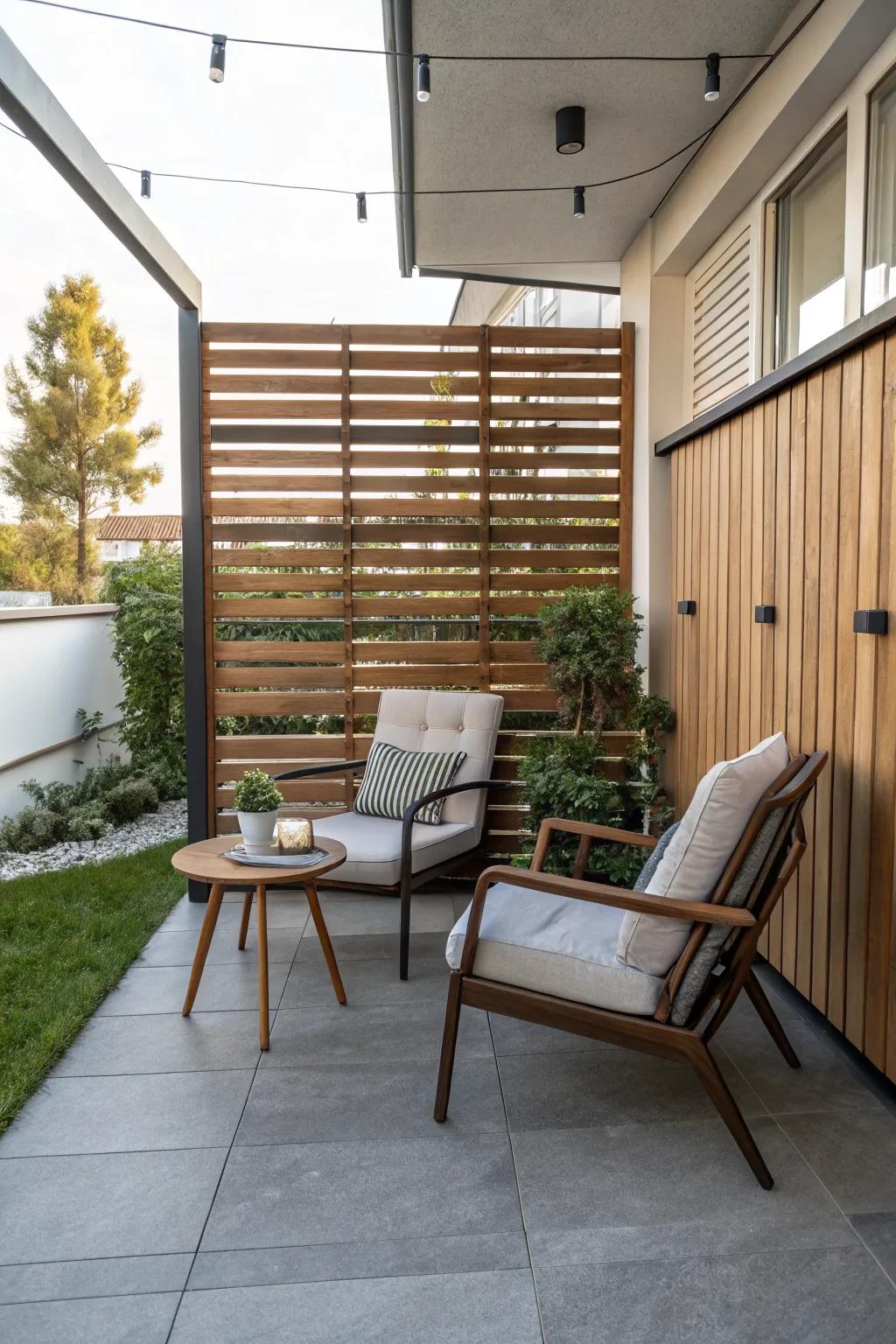 Slatted panels provide privacy with a contemporary touch.