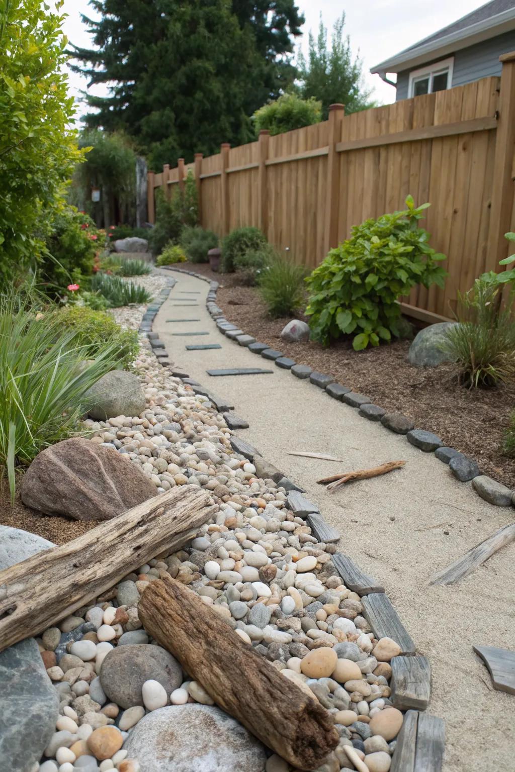 Achieve coastal charm by pairing pebbles with driftwood.