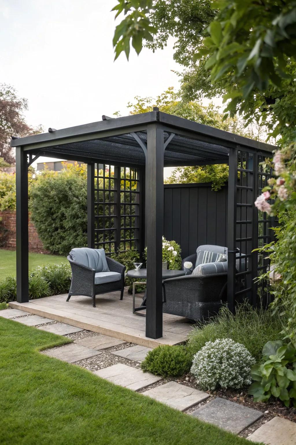 Black pergolas create bold garden statements.