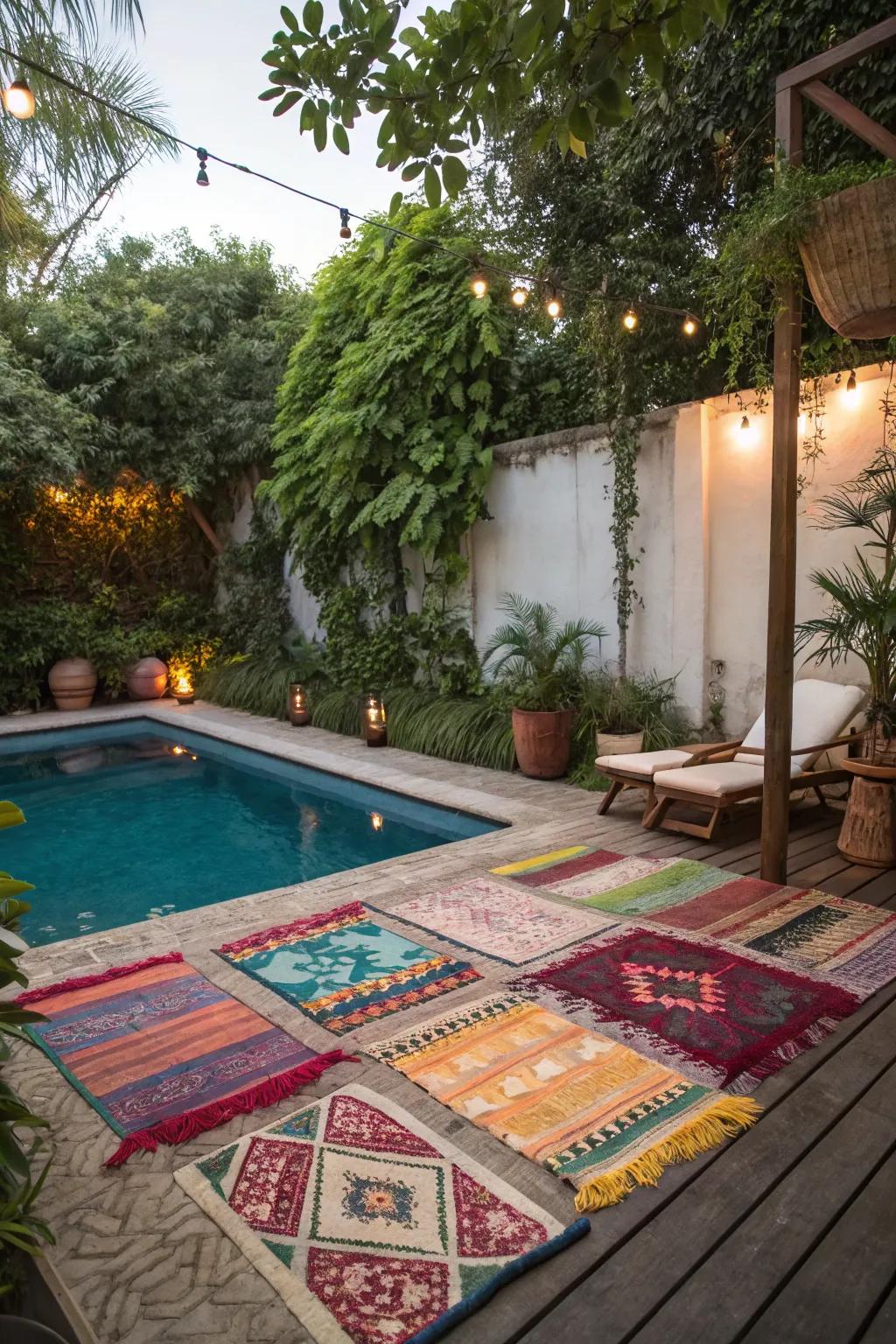 Outdoor rugs providing warmth and style around a small pool.
