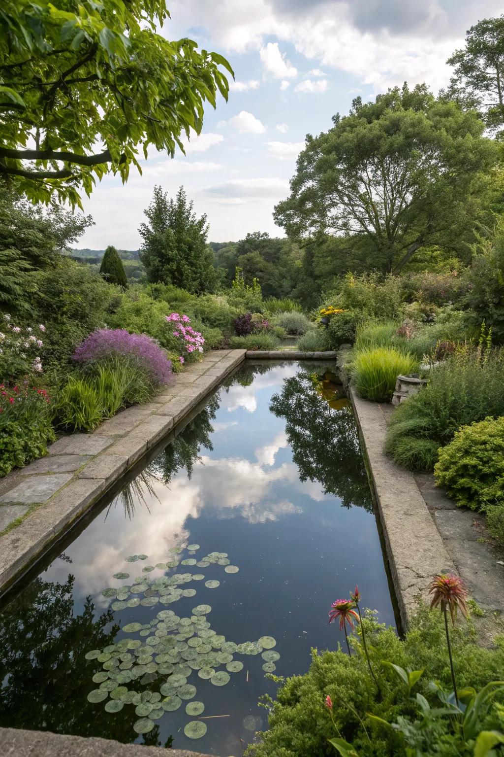 A reflective pool creates a space for contemplation.