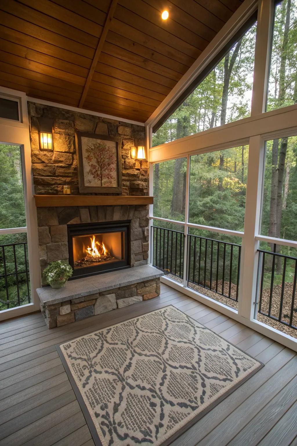 Textured rugs enhance the cozy feel of this inviting porch.