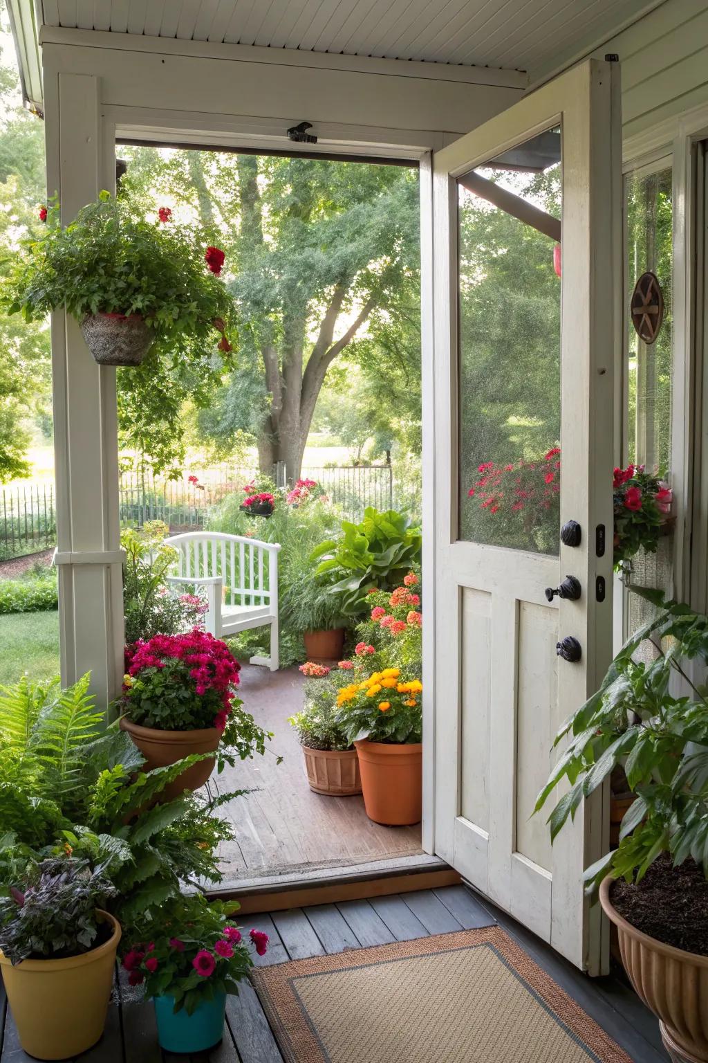 Colorful planters bring vibrant hues and nature to a small porch.