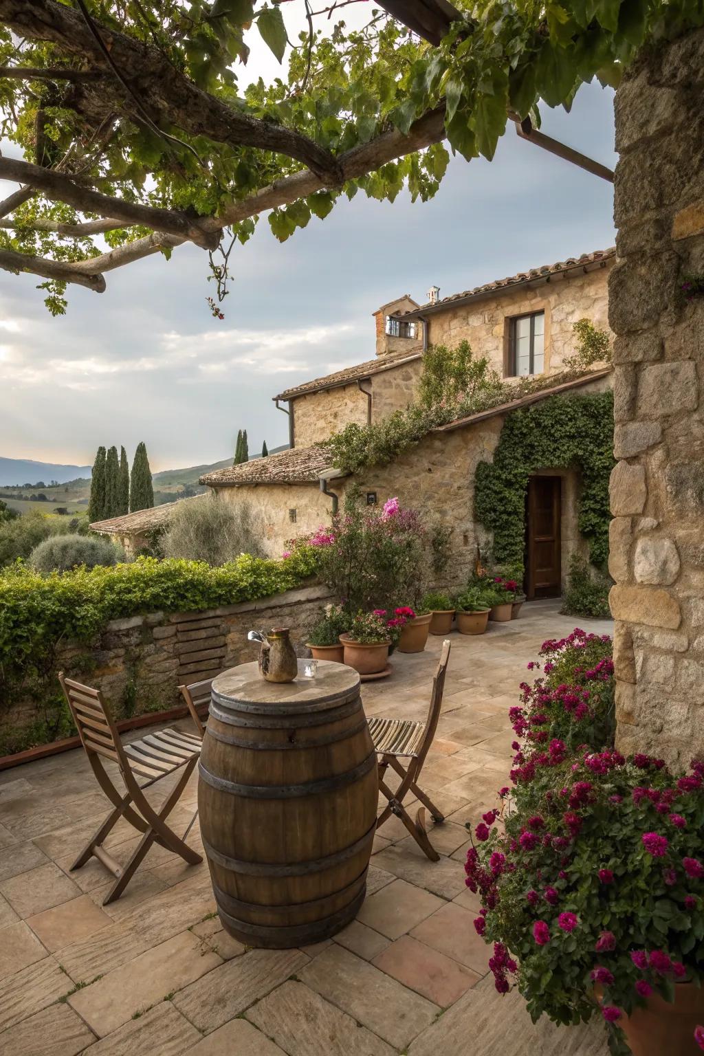 A wine barrel table adds rustic charm to this Tuscan patio.