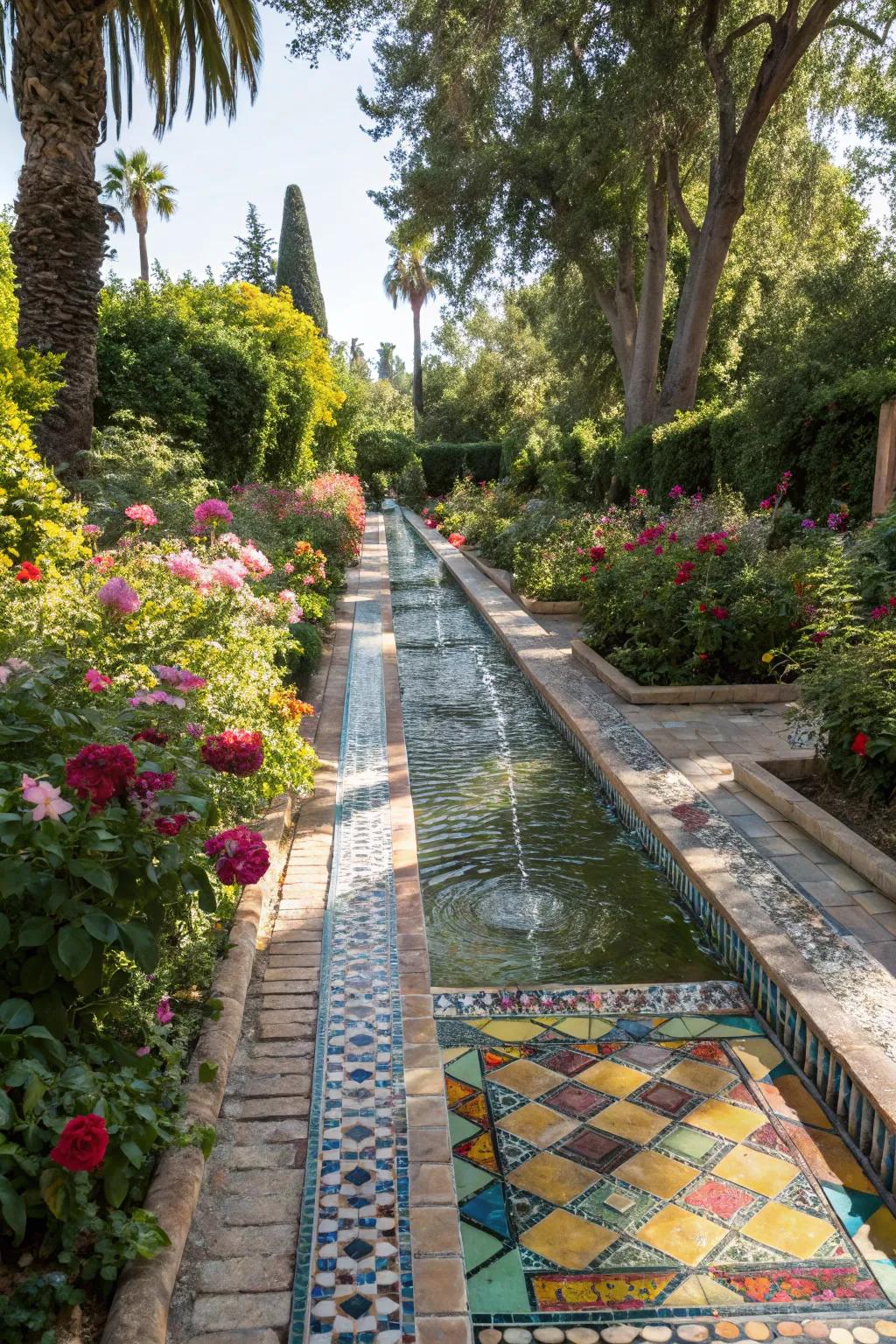 A mosaic tile water feature bringing vibrancy and art to the garden.