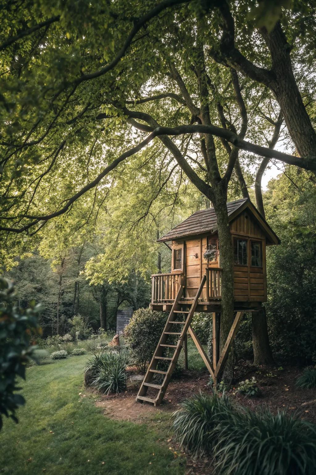 A small treehouse adds a whimsical element to the garden.