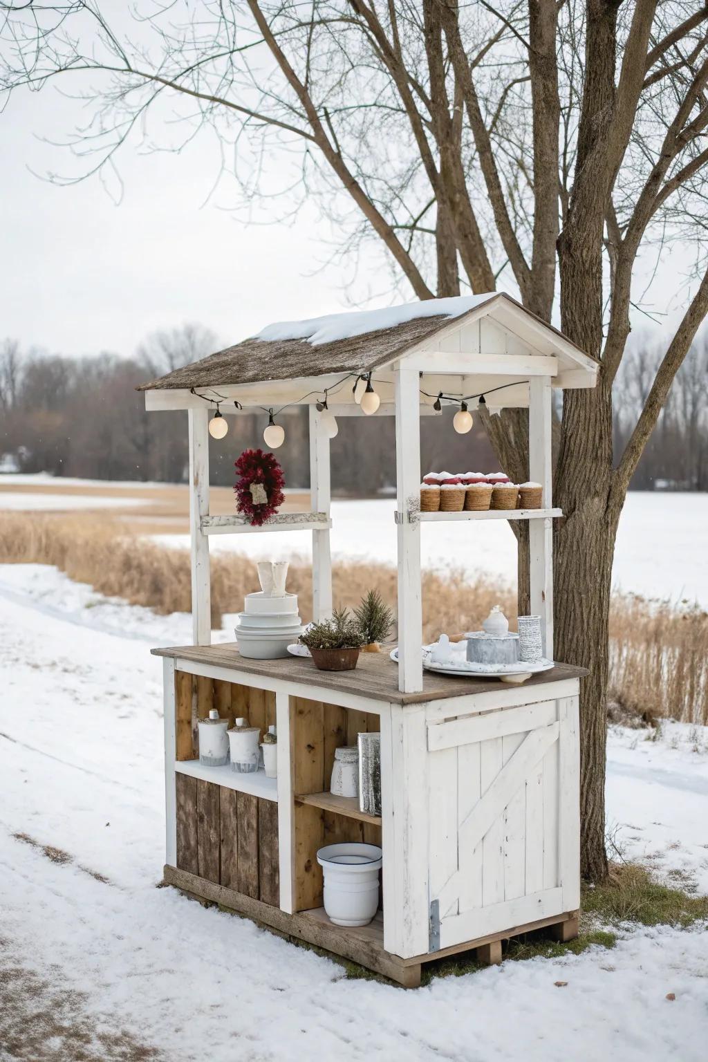 A cozy farmhouse chic snowball stand with rustic charm.